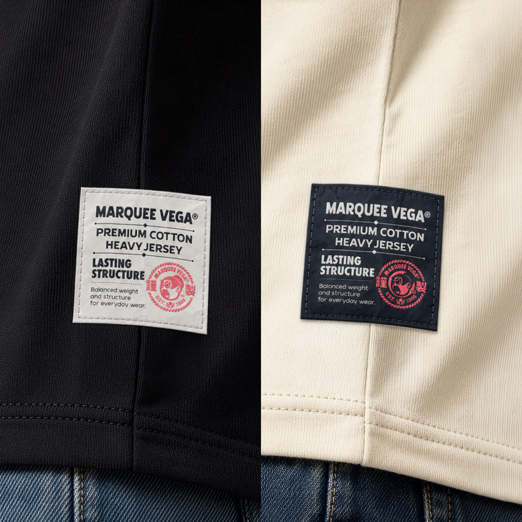 Marquee Vega heavyweight loose fit tee side label and fabric detail close-up.