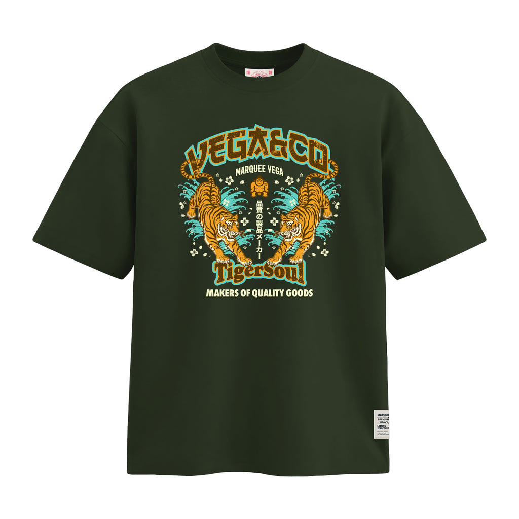 Vega Tiger Soul heavyweight loose fit graphic tee front artwork on Racing Green by Marquee Vega.