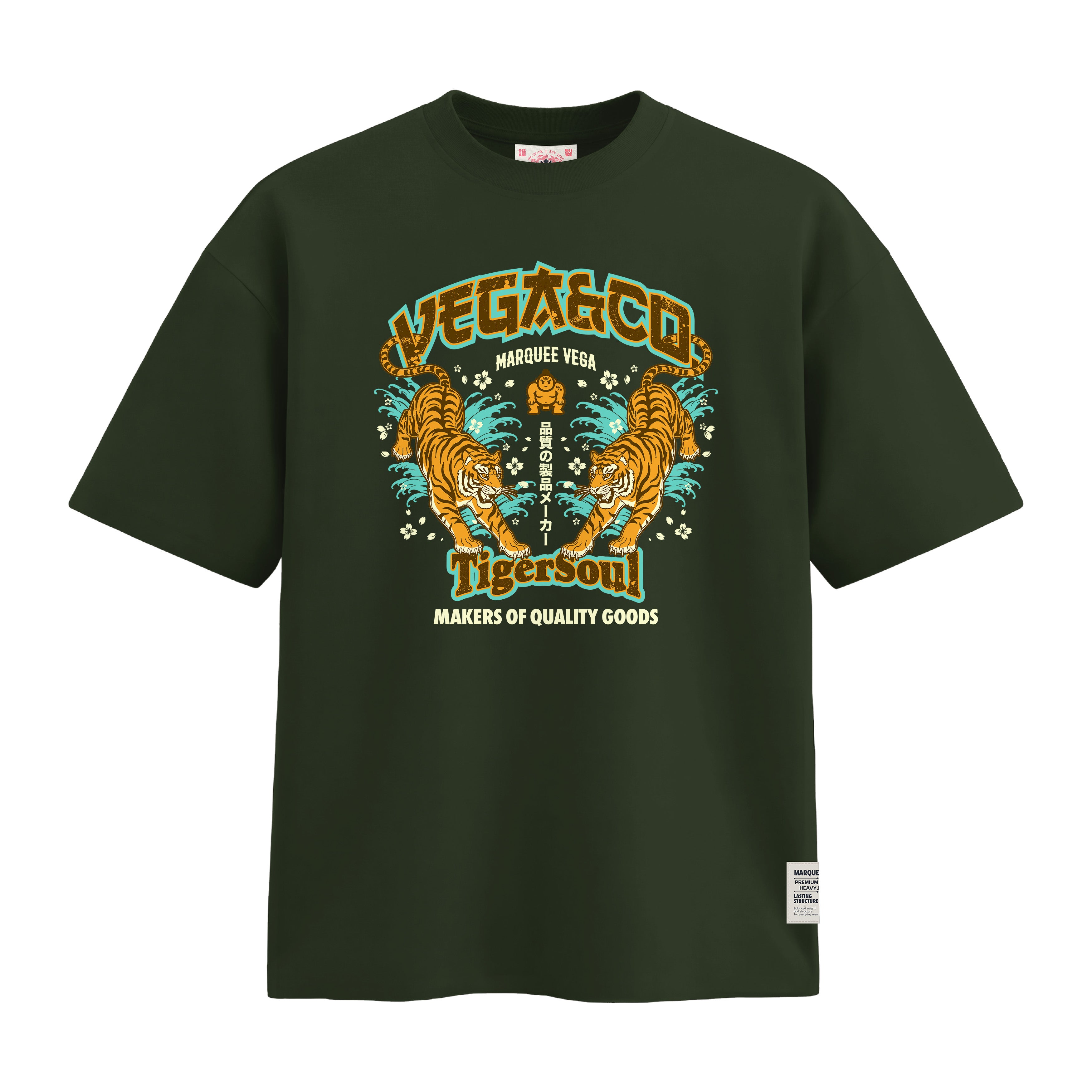 Vega Tiger Soul heavyweight loose fit graphic tee front artwork on Racing Green by Marquee Vega.