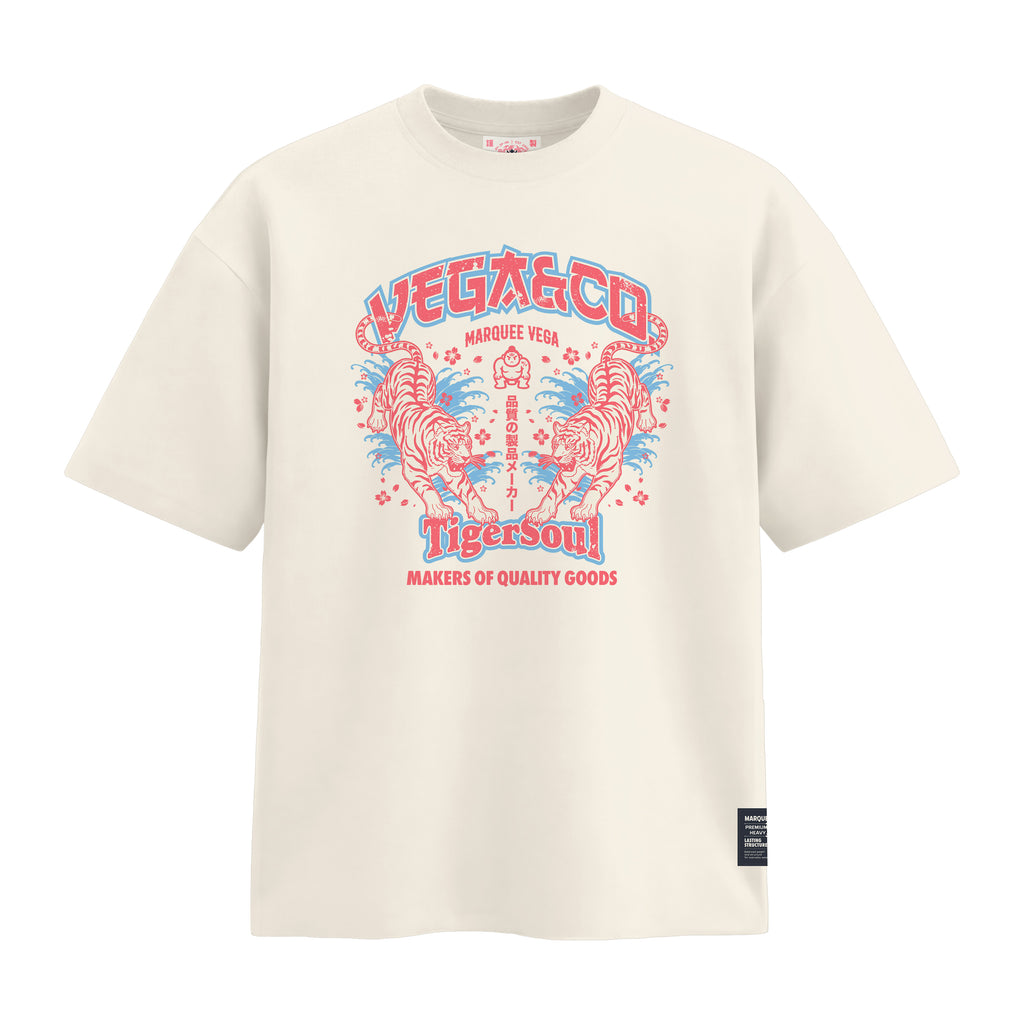 Vega Tiger Soul heavyweight loose fit graphic tee front artwork on Off White by Marquee Vega.