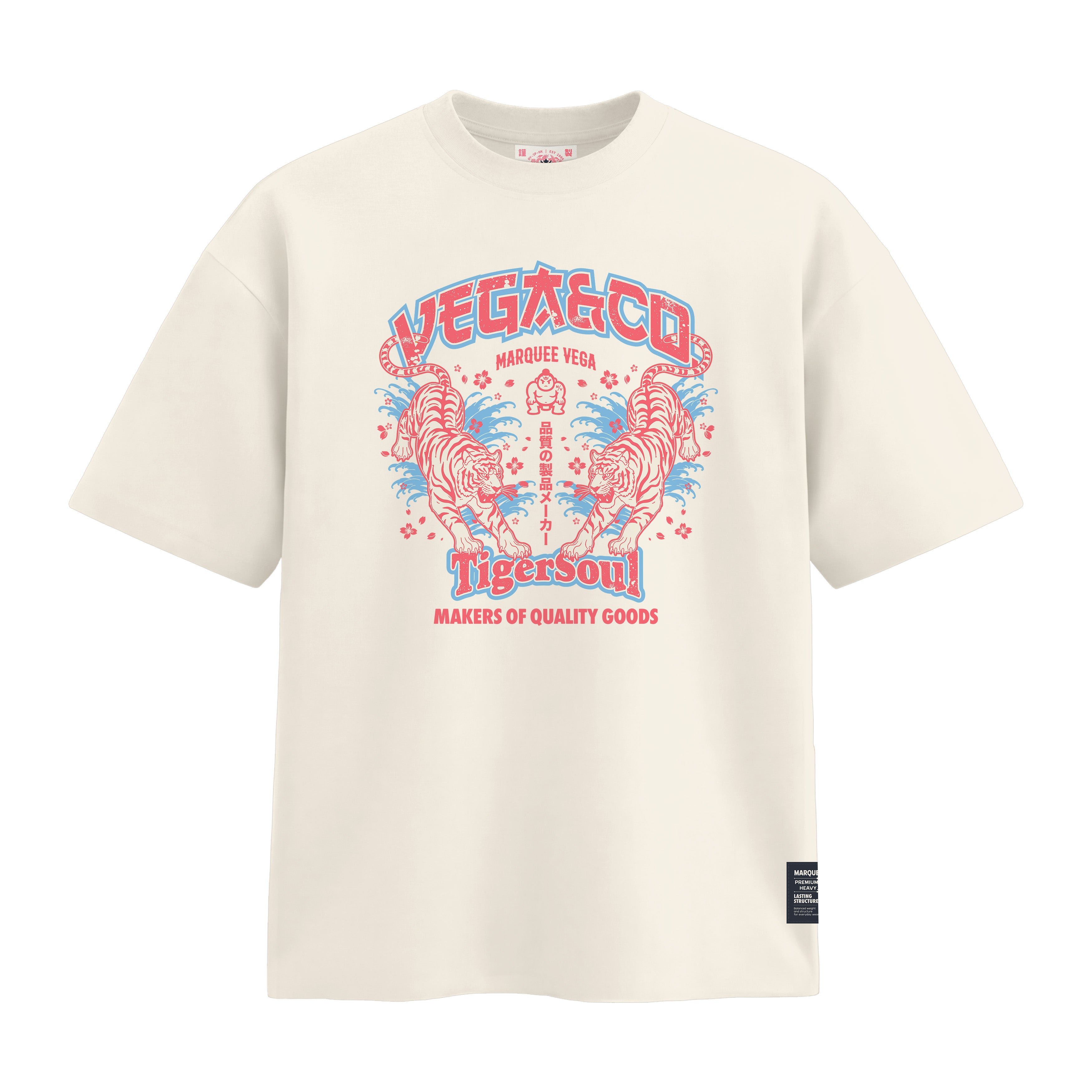 Vega Tiger Soul heavyweight loose fit graphic tee front artwork on Off White by Marquee Vega.