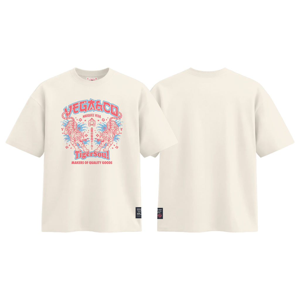 Vega Tiger Soul graphic tee colour preview in Off White, shown front and back.