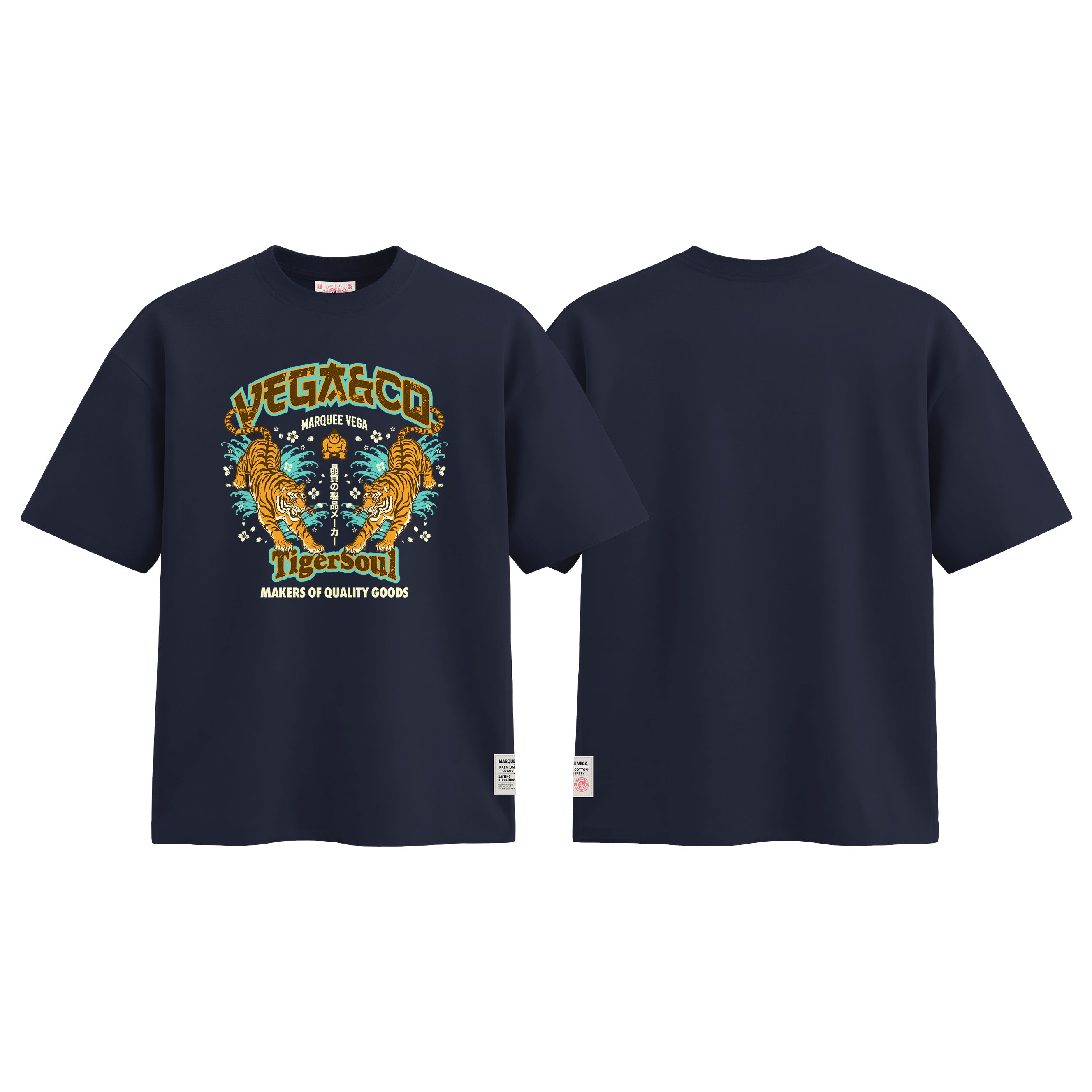 Vega Tiger Soul graphic tee colour preview in Navy Blue, shown front and back.