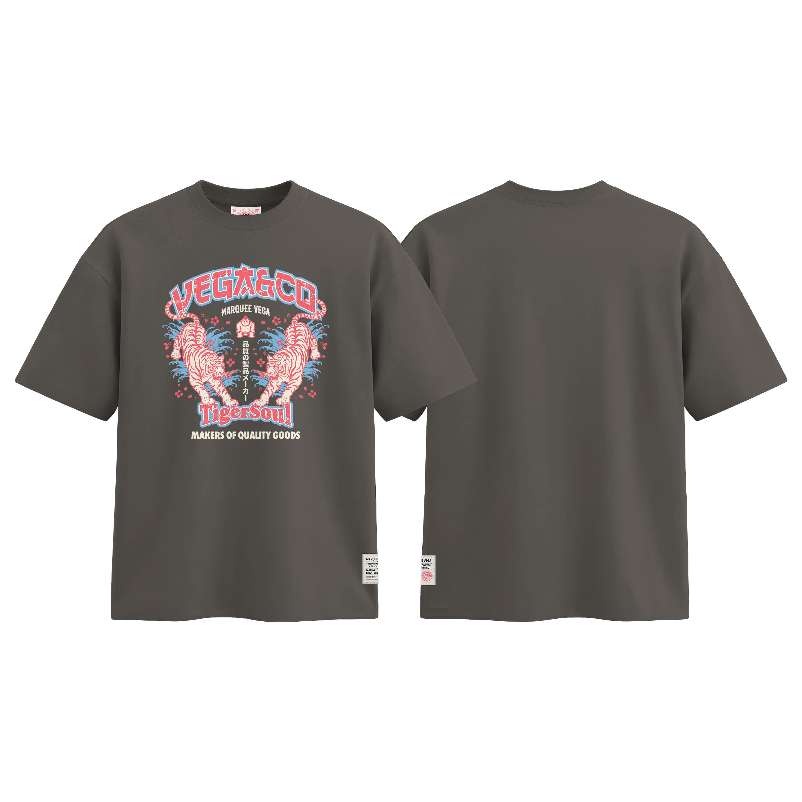 Vega Tiger Soul graphic tee colour preview in Charcoal Grey, shown front and back.