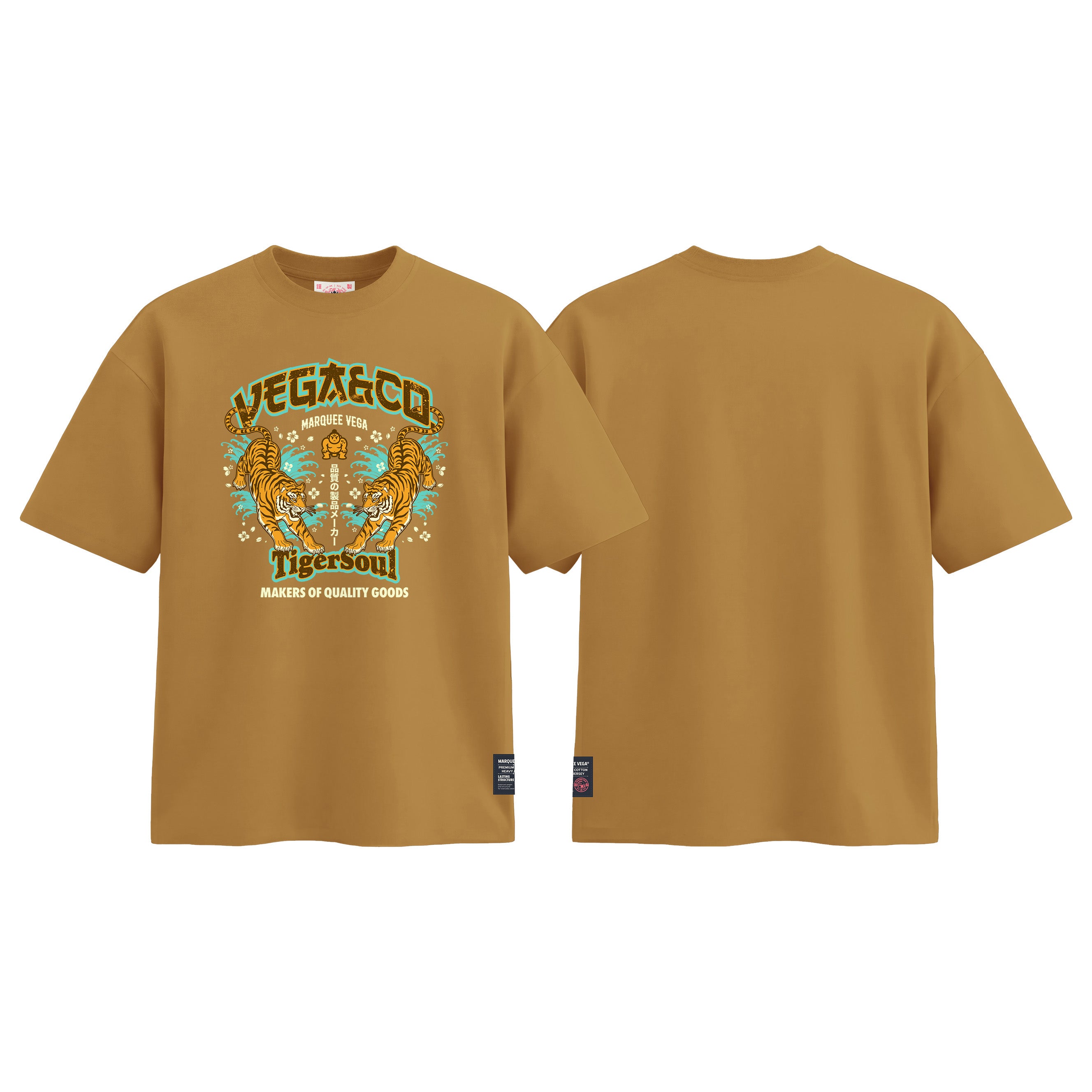 Vega Tiger Soul graphic tee colour preview in Mustard Yellow, shown front and back.
