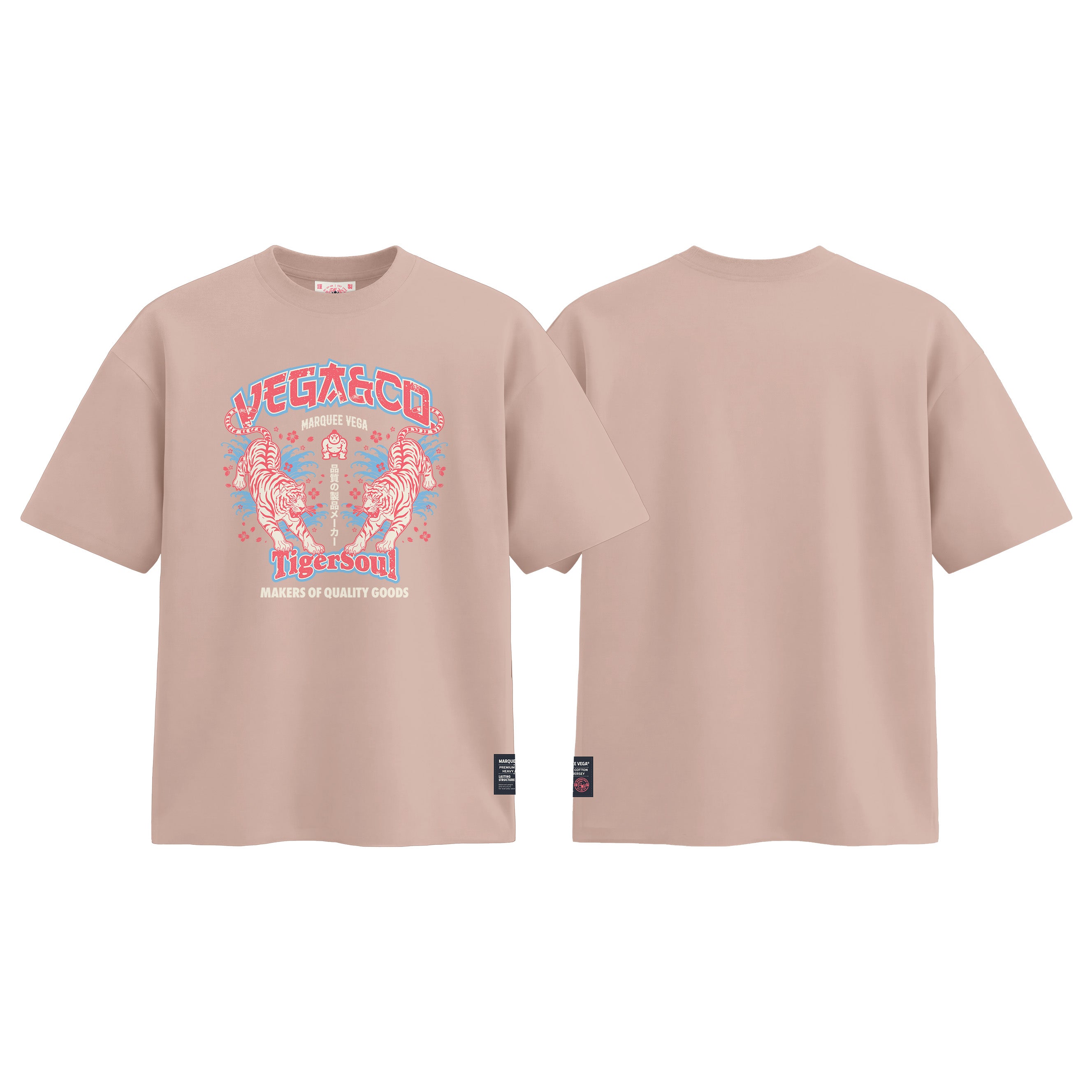 Vega Tiger Soul graphic tee colour preview in Pink, shown front and back.