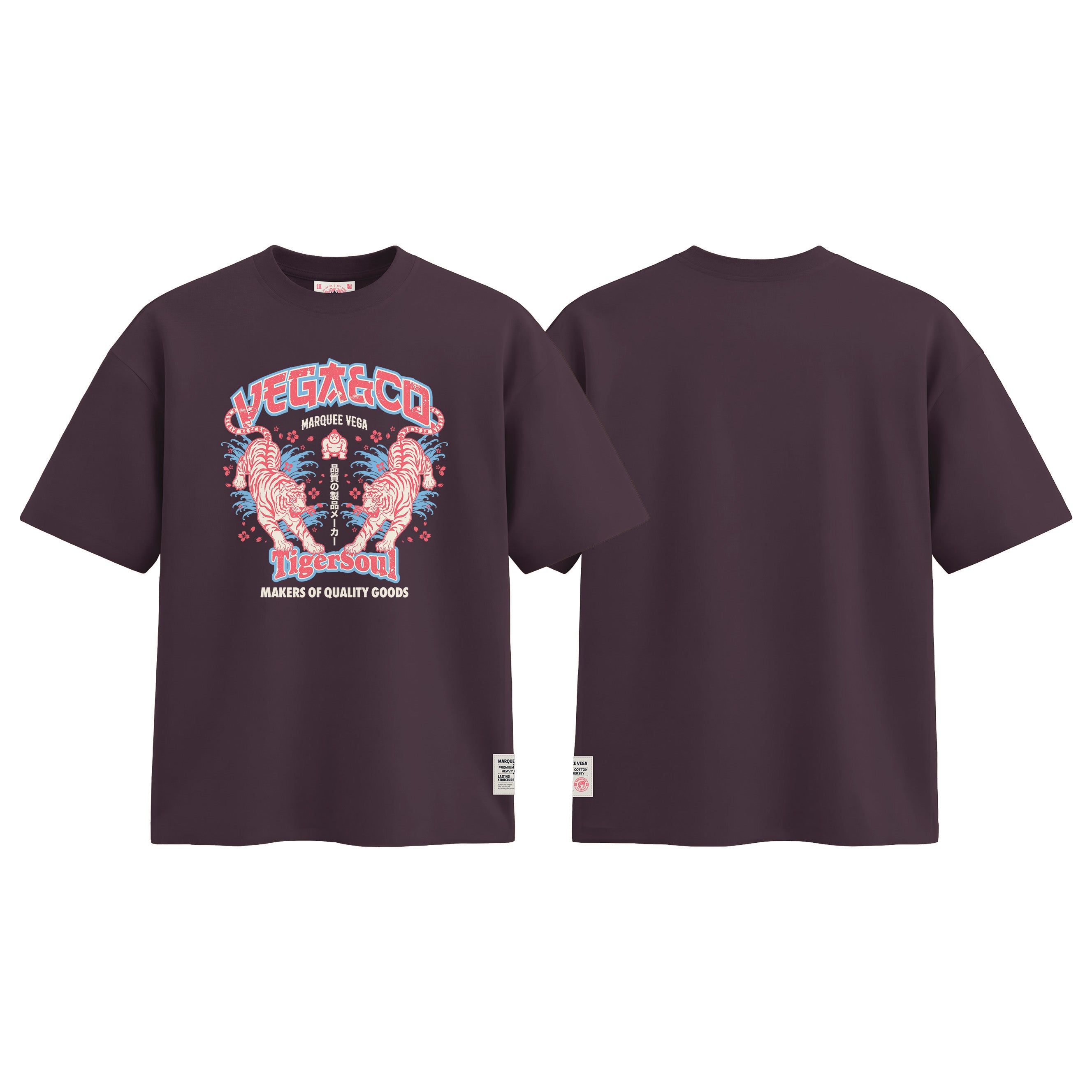 Vega Tiger Soul graphic tee colour preview in Dark Plum, shown front and back.