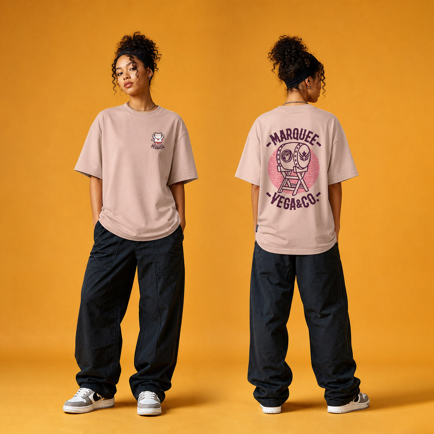 Female model wearing the Lucky Cat Taiko Festival heavyweight loose fit graphic tee in Pink, shown front and back.