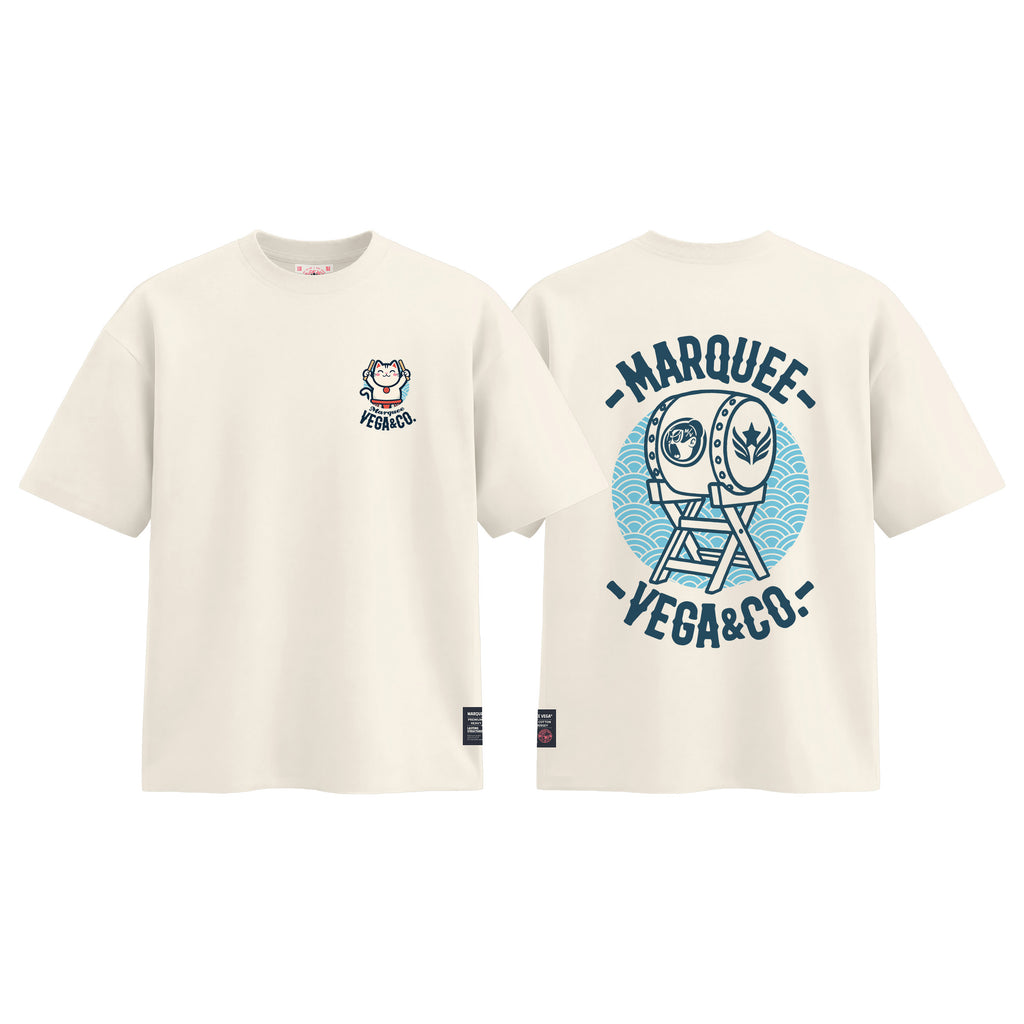Lucky Cat Taiko Festival graphic tee colour preview in Off White, shown front and back.