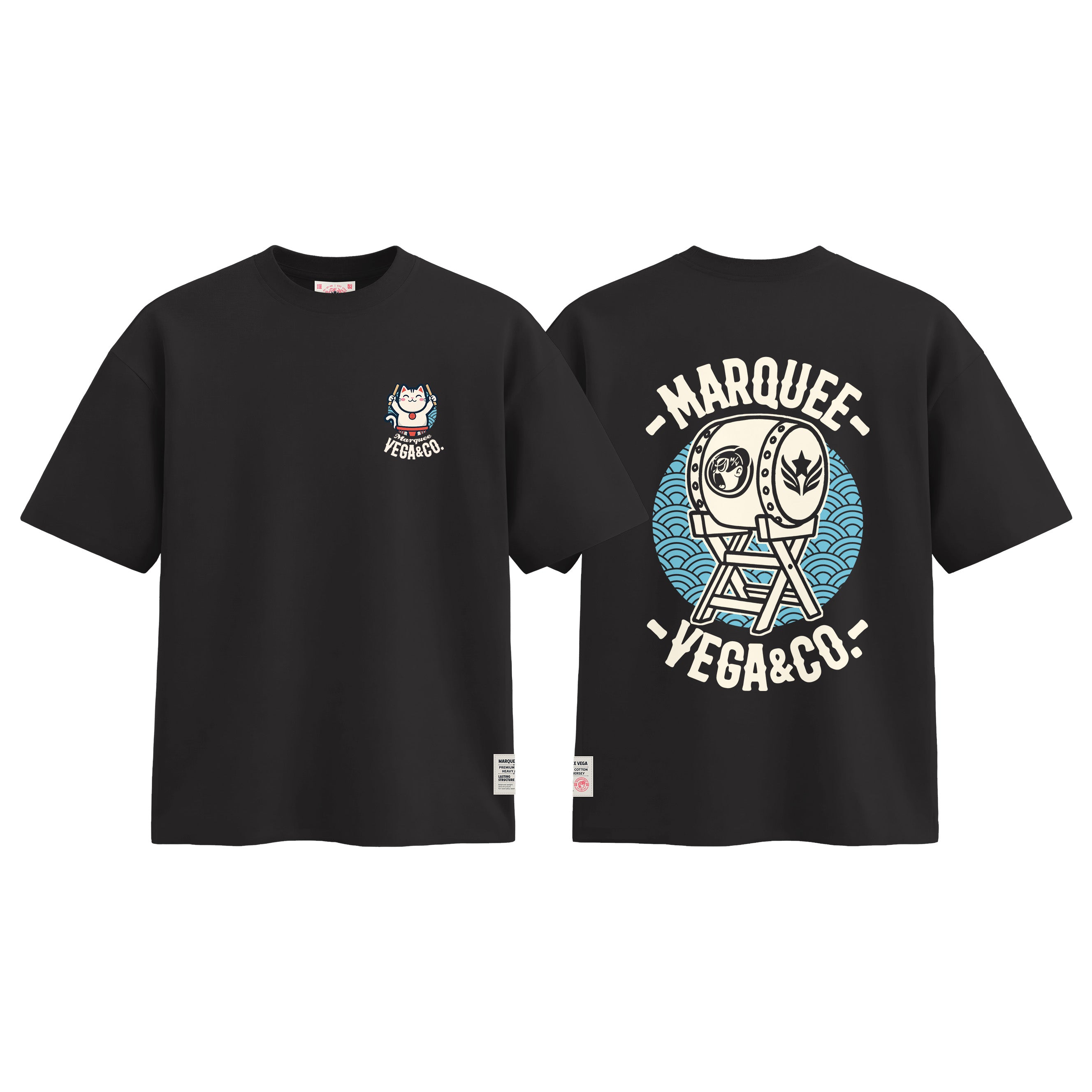 Lucky Cat Taiko Festival graphic tee colour preview in Vintage Black, shown front and back.