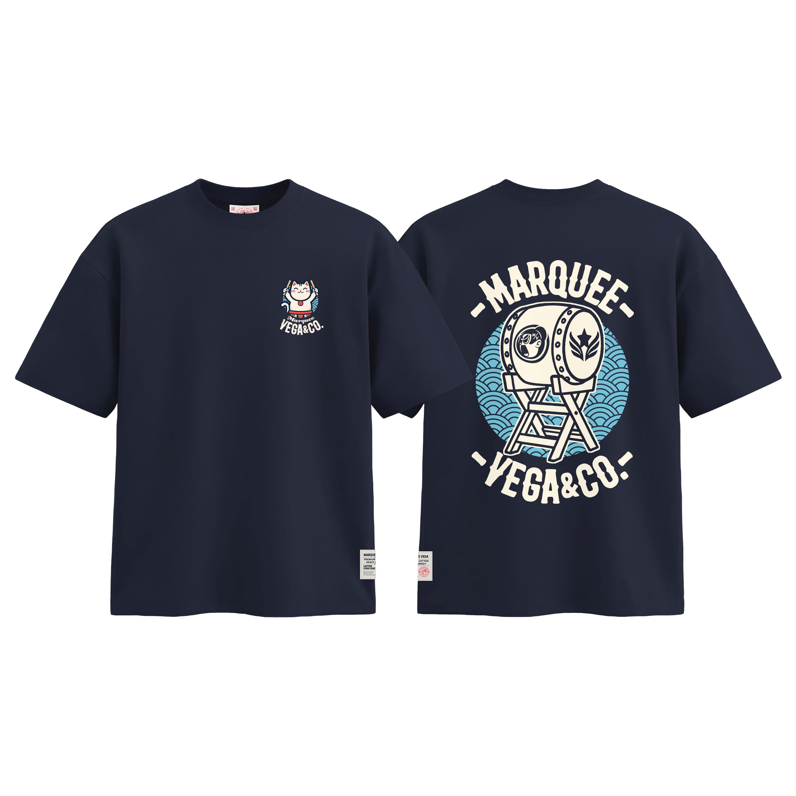 Lucky Cat Taiko Festival graphic tee colour preview in Navy Blue, shown front and back.