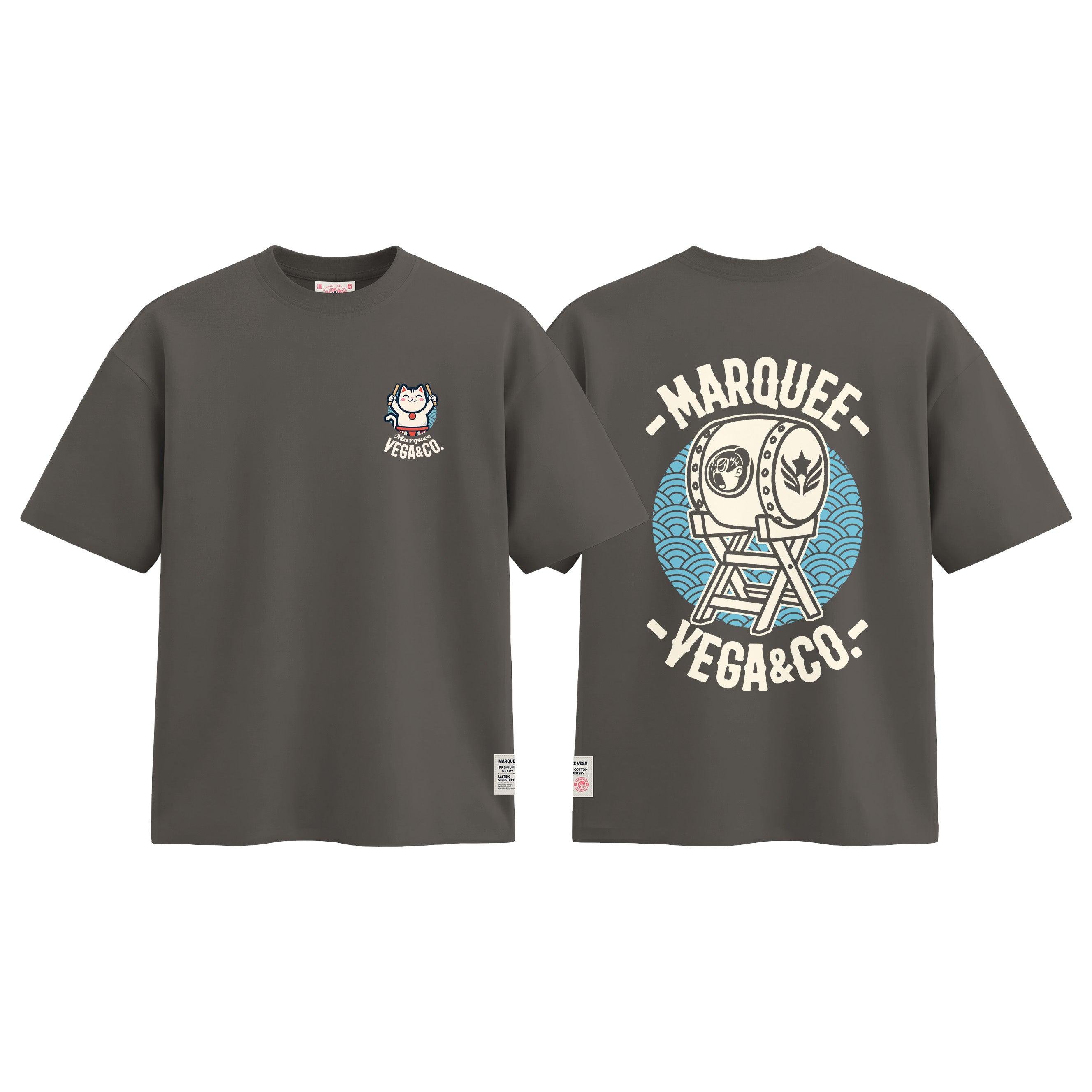 Lucky Cat Taiko Festival graphic tee colour preview in Charcoal Grey, shown front and back.