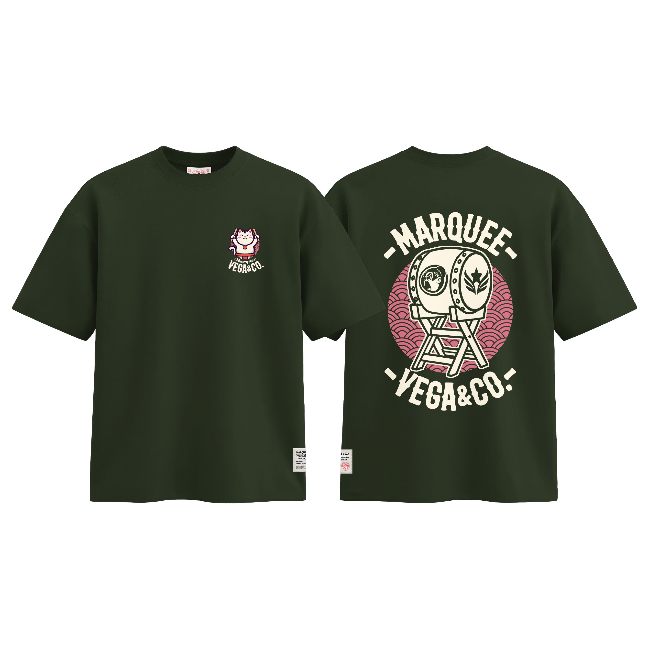 Lucky Cat Taiko Festival graphic tee colour preview in Racing Green, shown front and back.