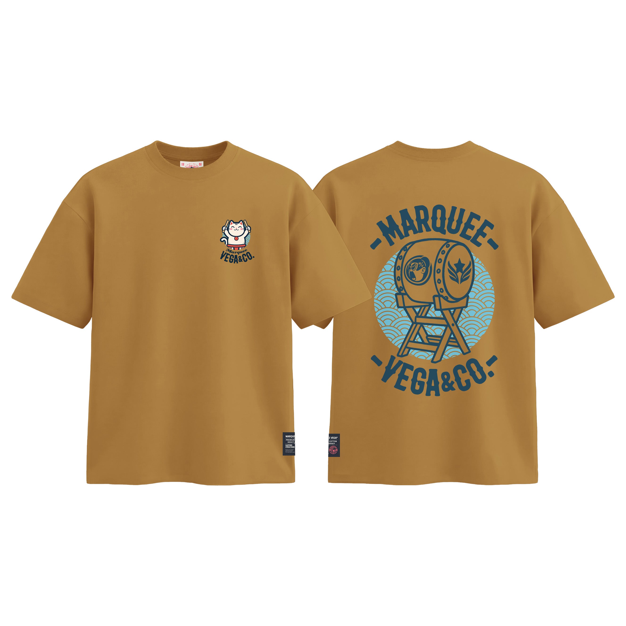 Lucky Cat Taiko Festival graphic tee colour preview in Mustard Yellow, shown front and back.