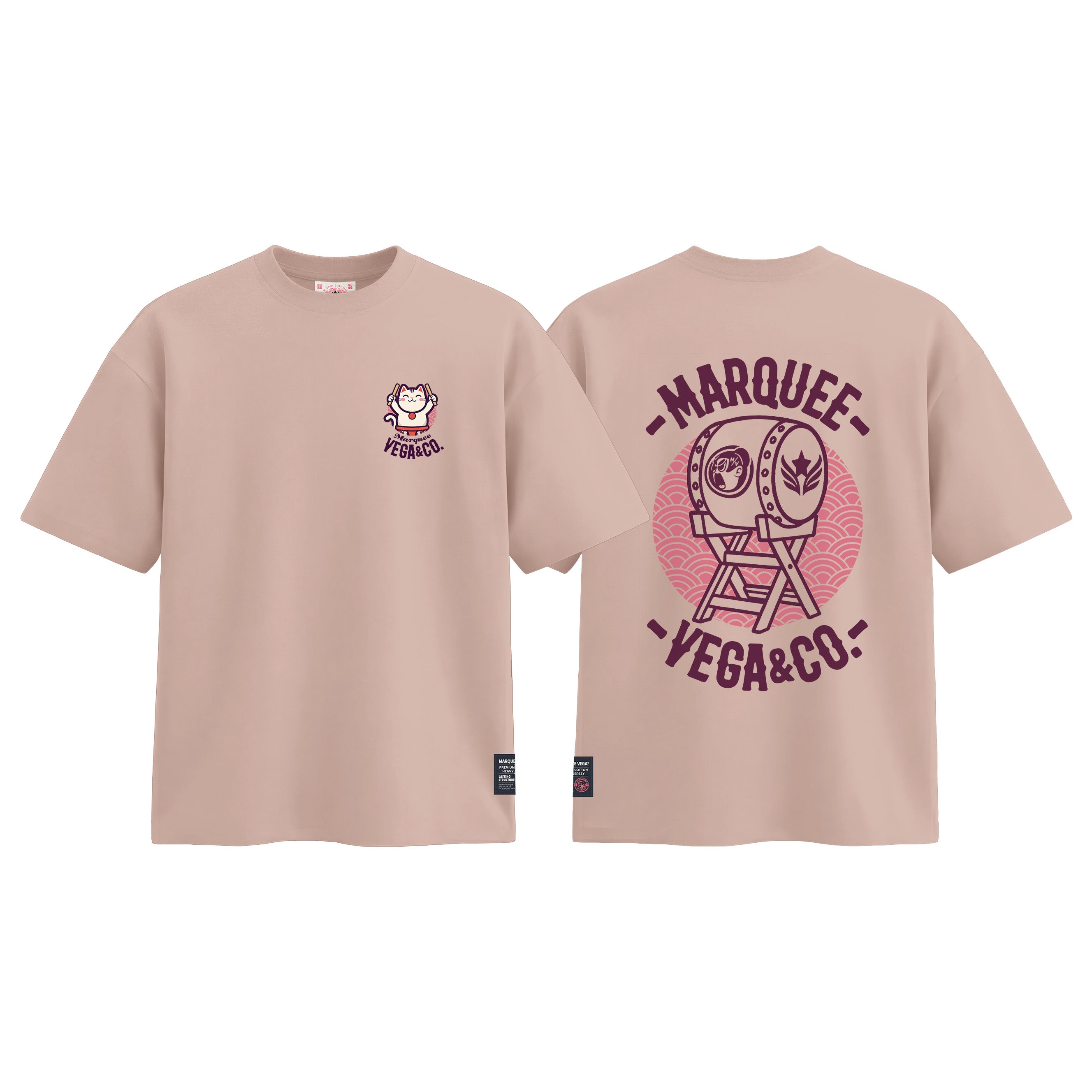 Lucky Cat Taiko Festival graphic tee colour preview in Pink, shown front and back.