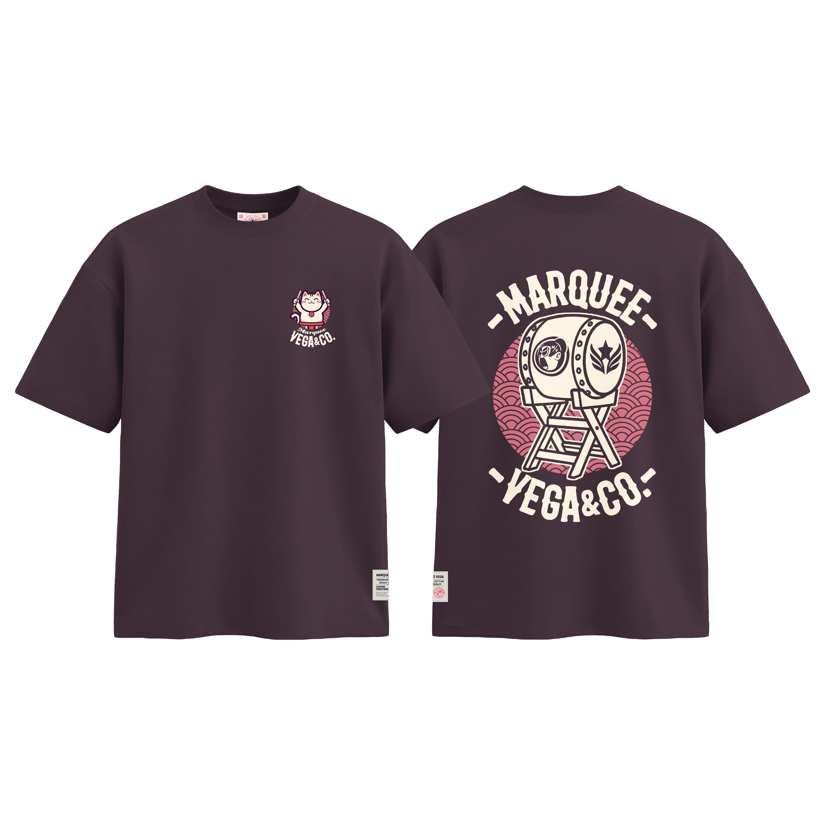 Lucky Cat Taiko Festival graphic tee colour preview in Dark Plum, shown front and back.
