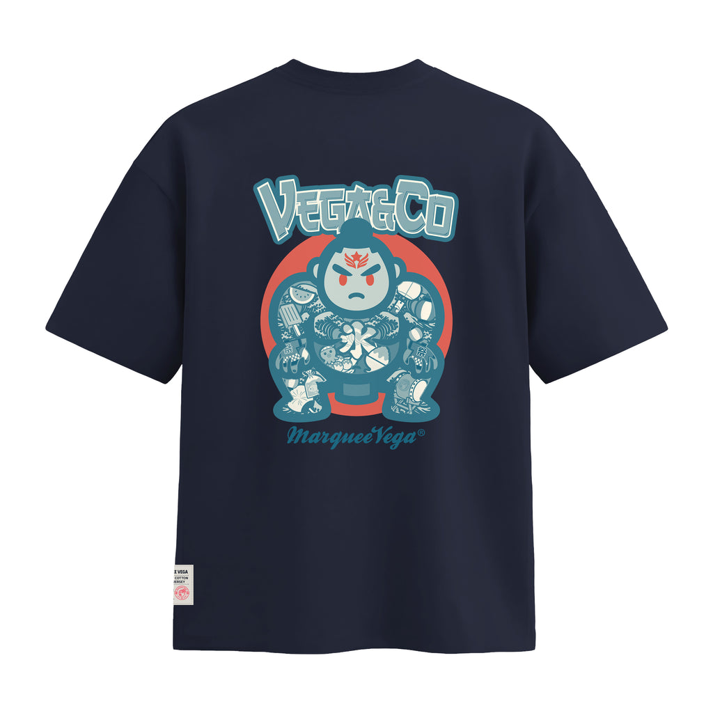 Sumo Culture heavyweight loose fit graphic tee back artwork on Navy Blue by Marquee Vega.