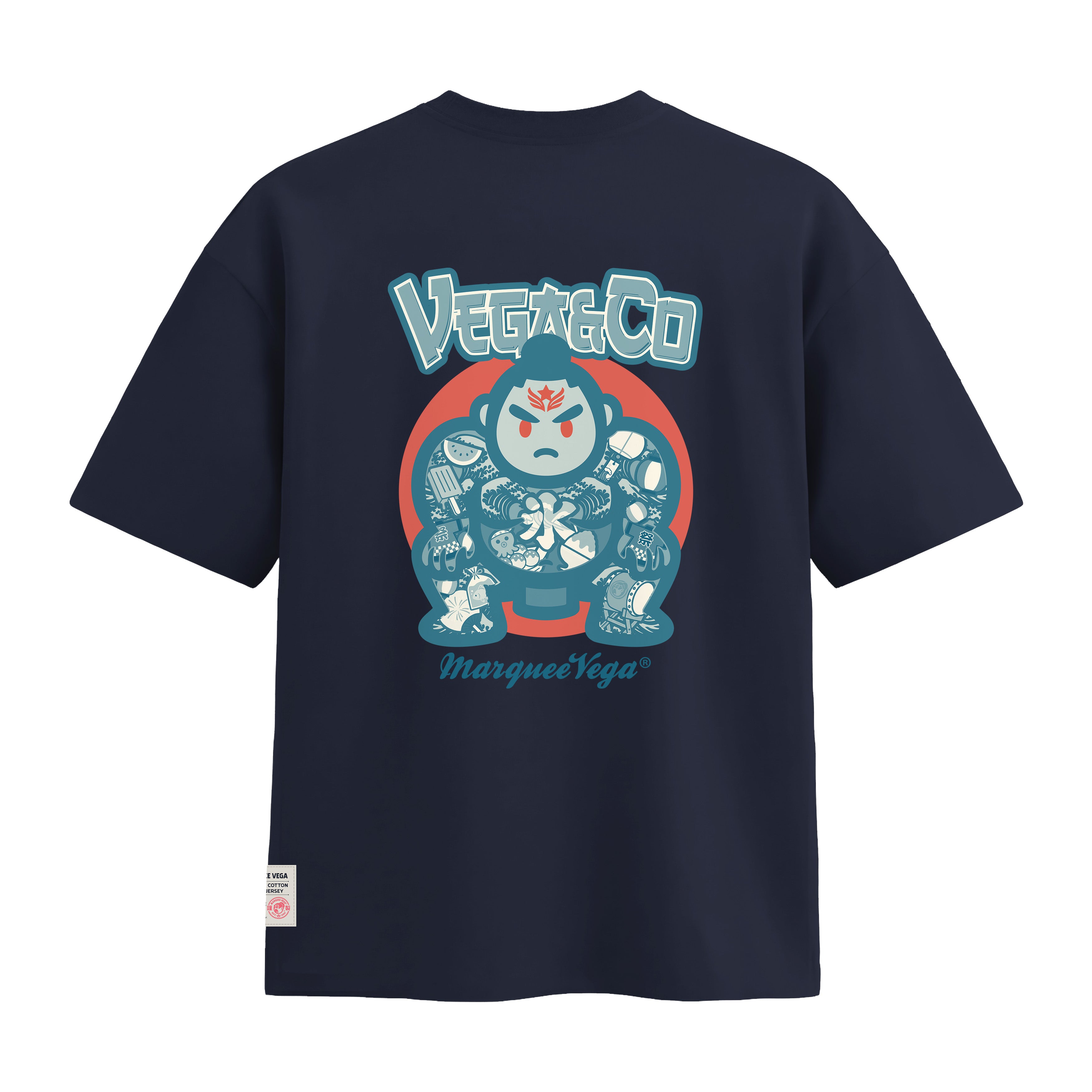 Sumo Culture heavyweight loose fit graphic tee back artwork on Navy Blue by Marquee Vega.
