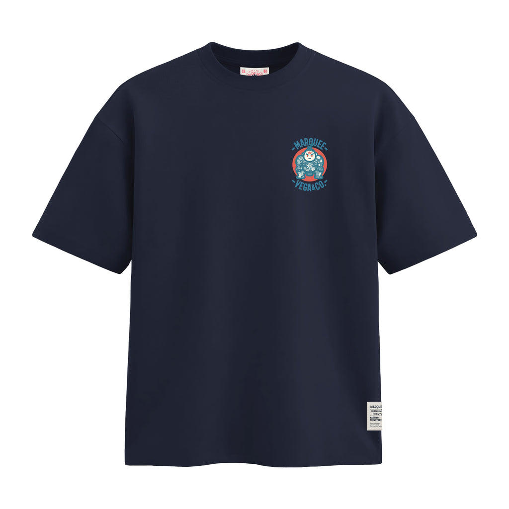 Sumo Culture heavyweight loose fit graphic tee chest artwork on Navy Blue by Marquee Vega.