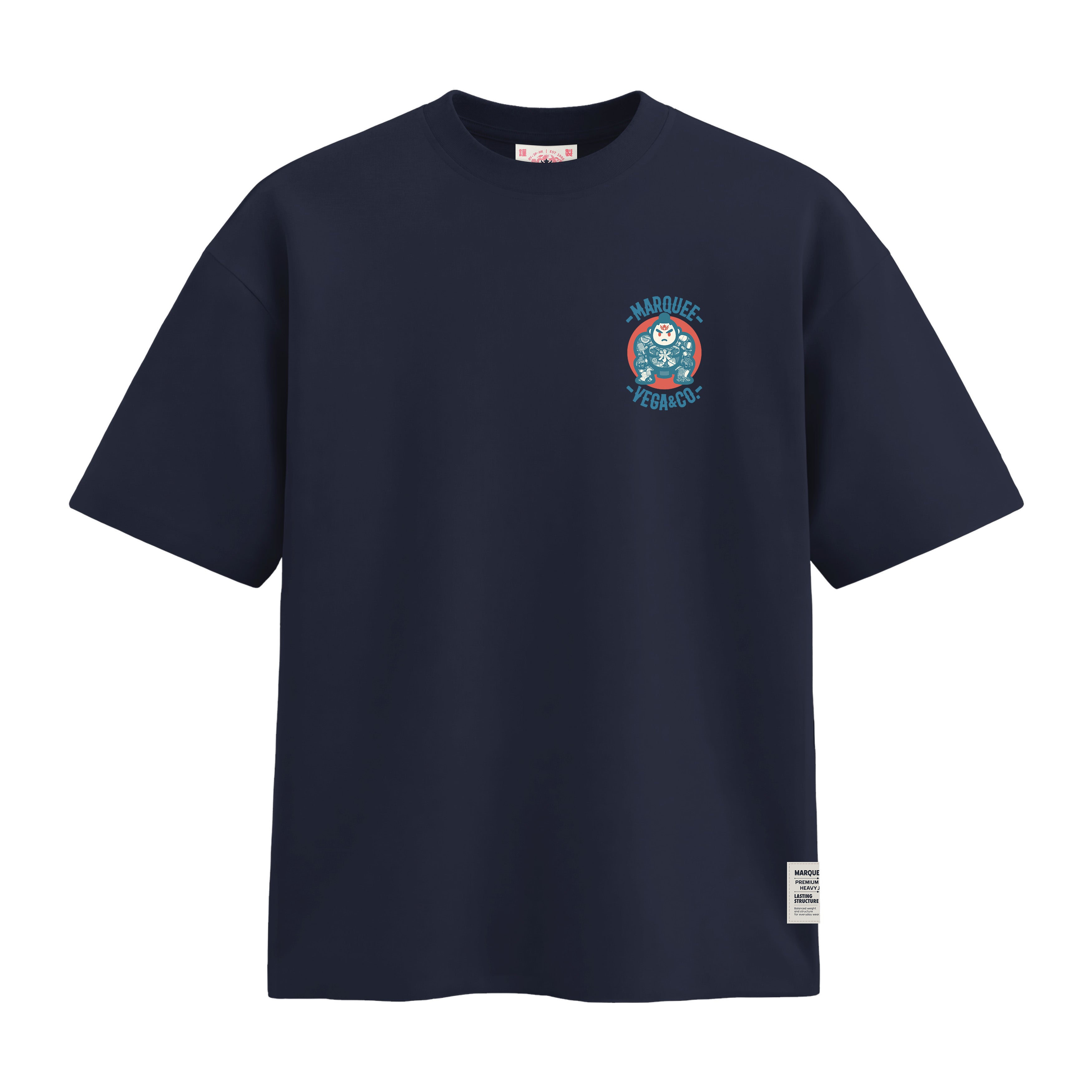 Sumo Culture heavyweight loose fit graphic tee chest artwork on Navy Blue by Marquee Vega.