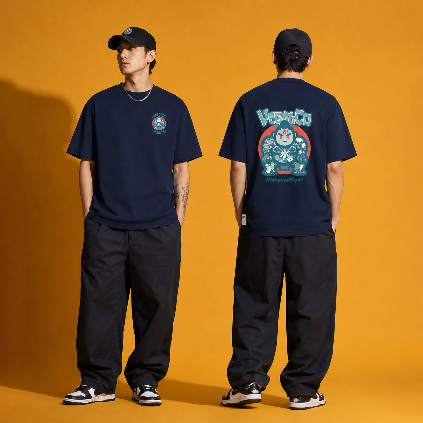 Male model wearing the Sumo Culture heavyweight loose fit graphic tee in Navy Blue, shown front and back.