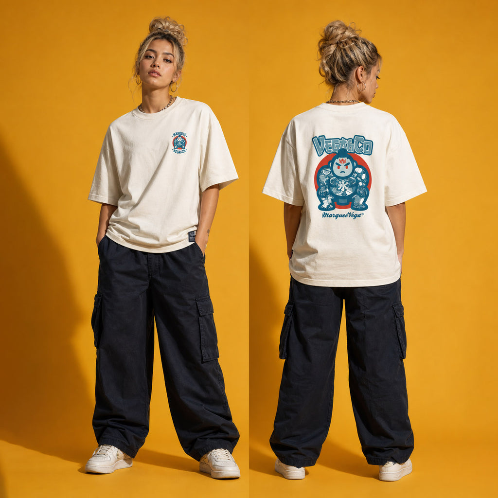 Female model wearing the Sumo Culture heavyweight loose fit graphic tee in Off White, shown front and back.