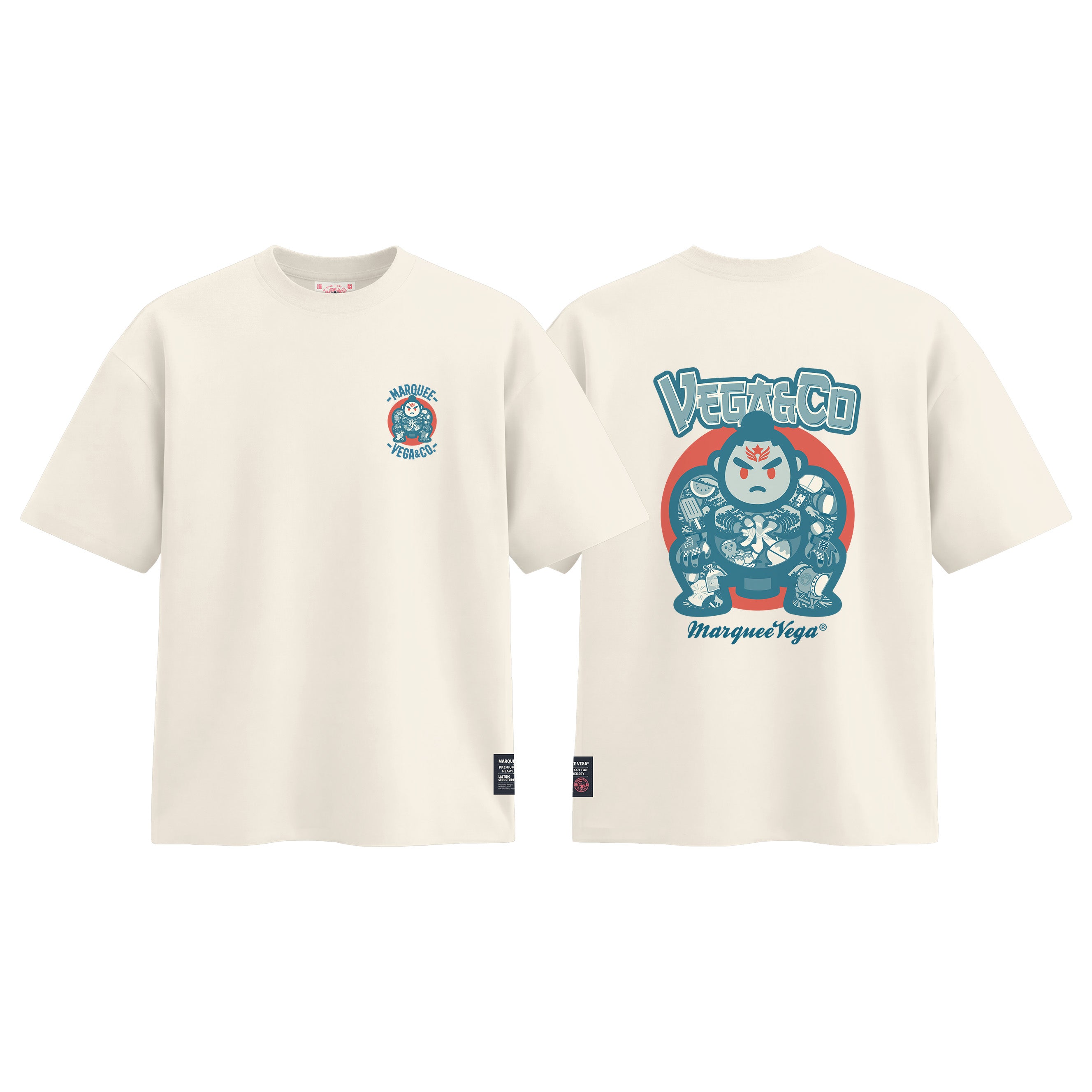 Sumo Culture graphic tee colour preview in Off White, shown front and back.