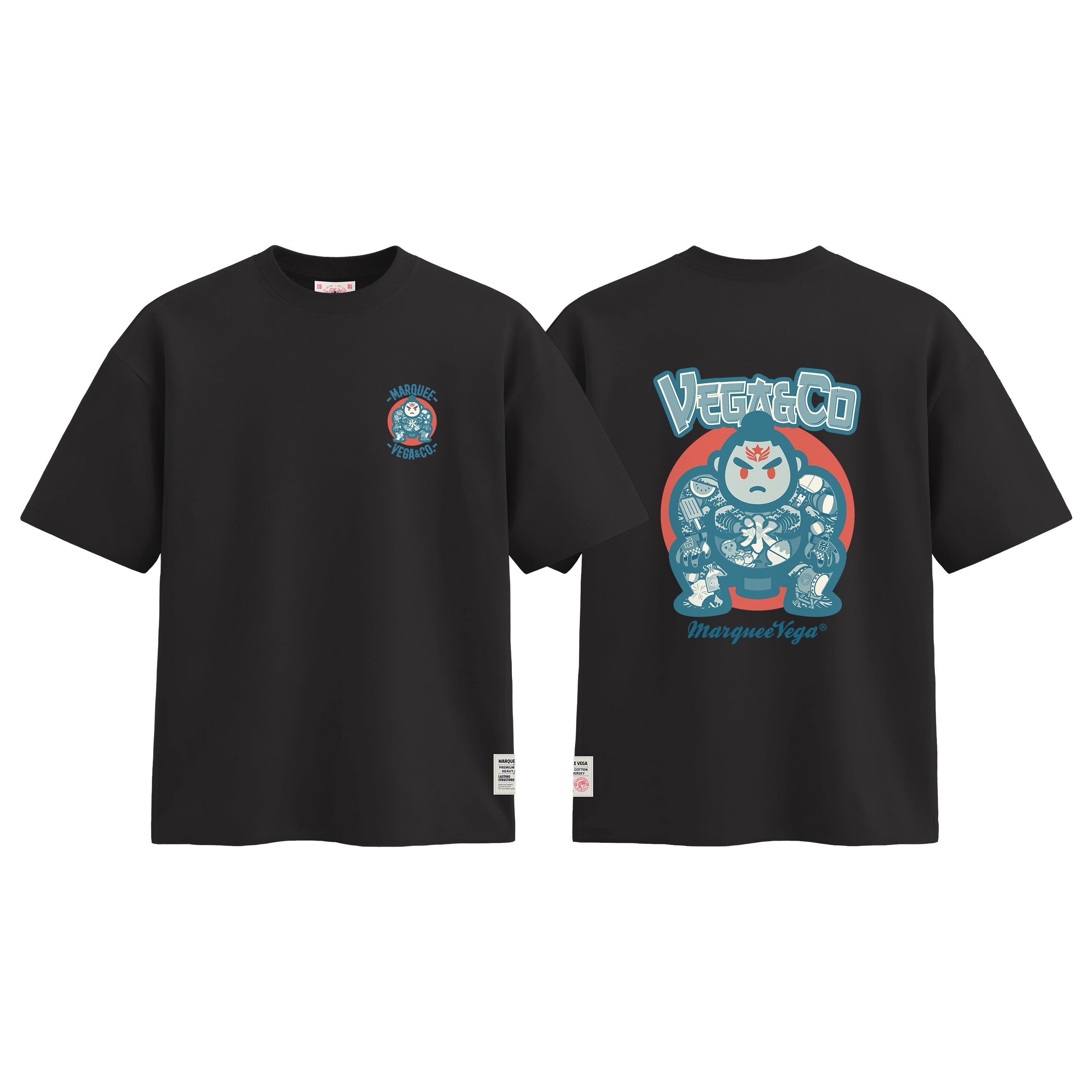 Sumo Culture graphic tee colour preview in Vintage Black, shown front and back.