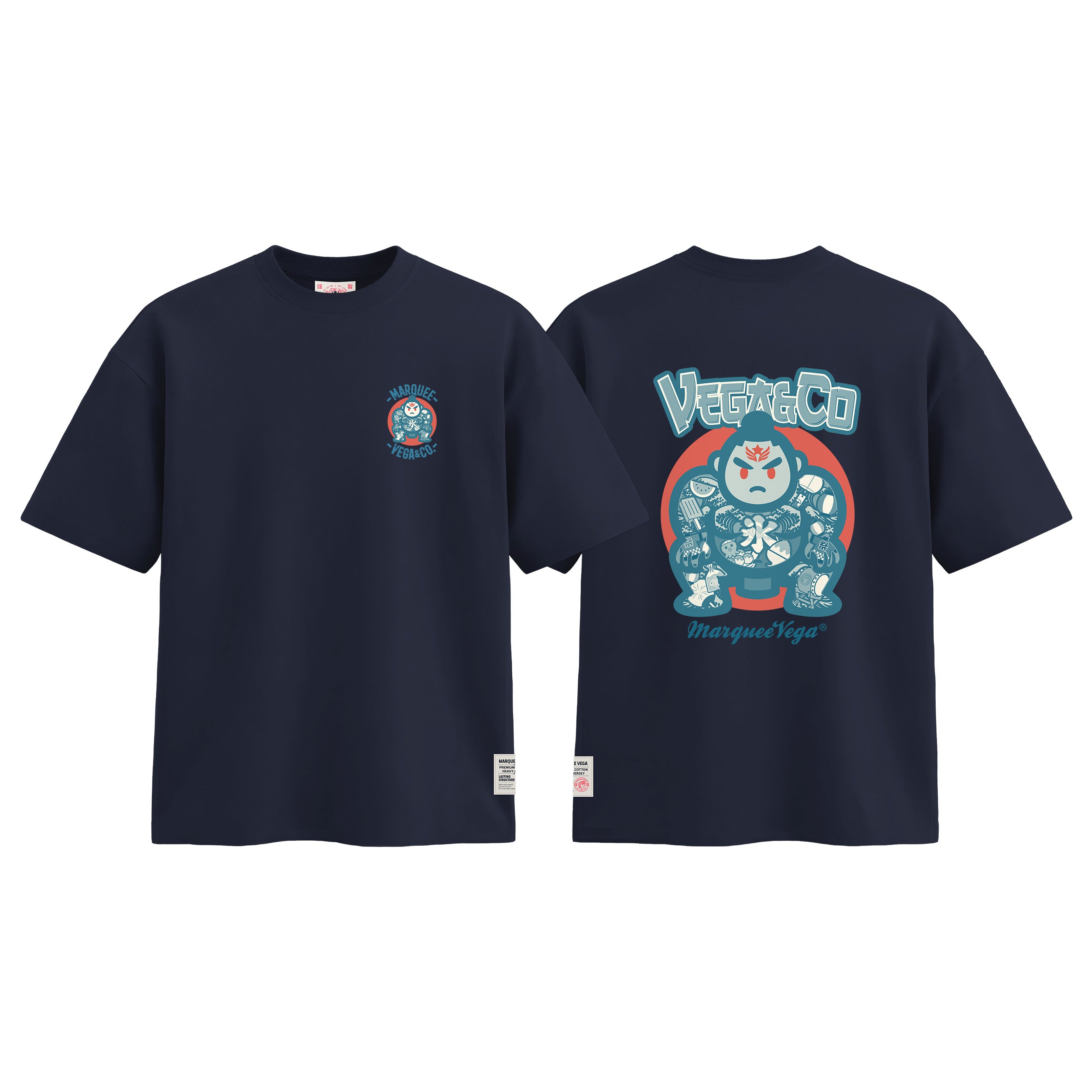 Sumo Culture graphic tee colour preview in Navy Blue, shown front and back.