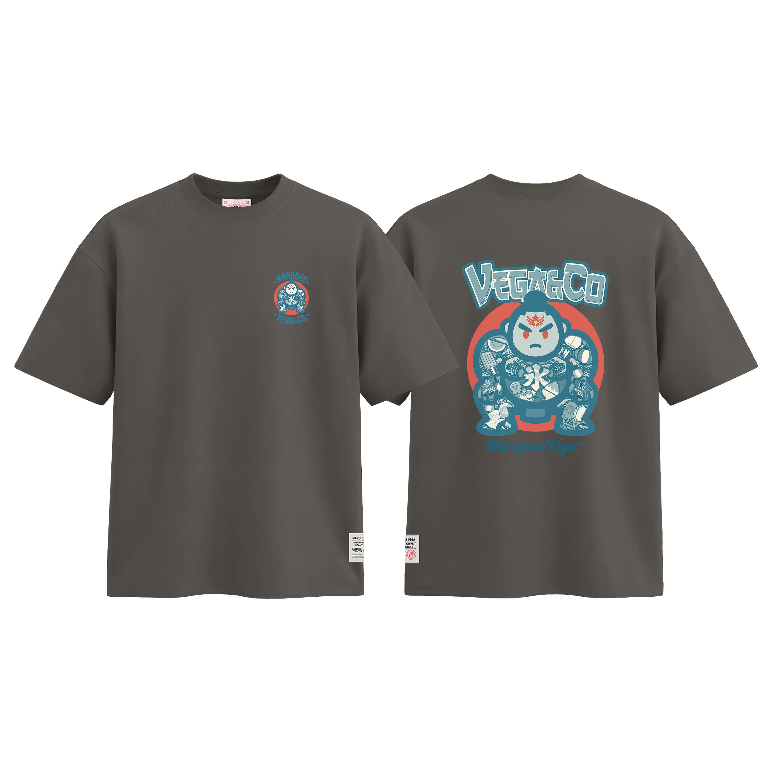 Sumo Culture graphic tee colour preview in Charcoal Grey, shown front and back.