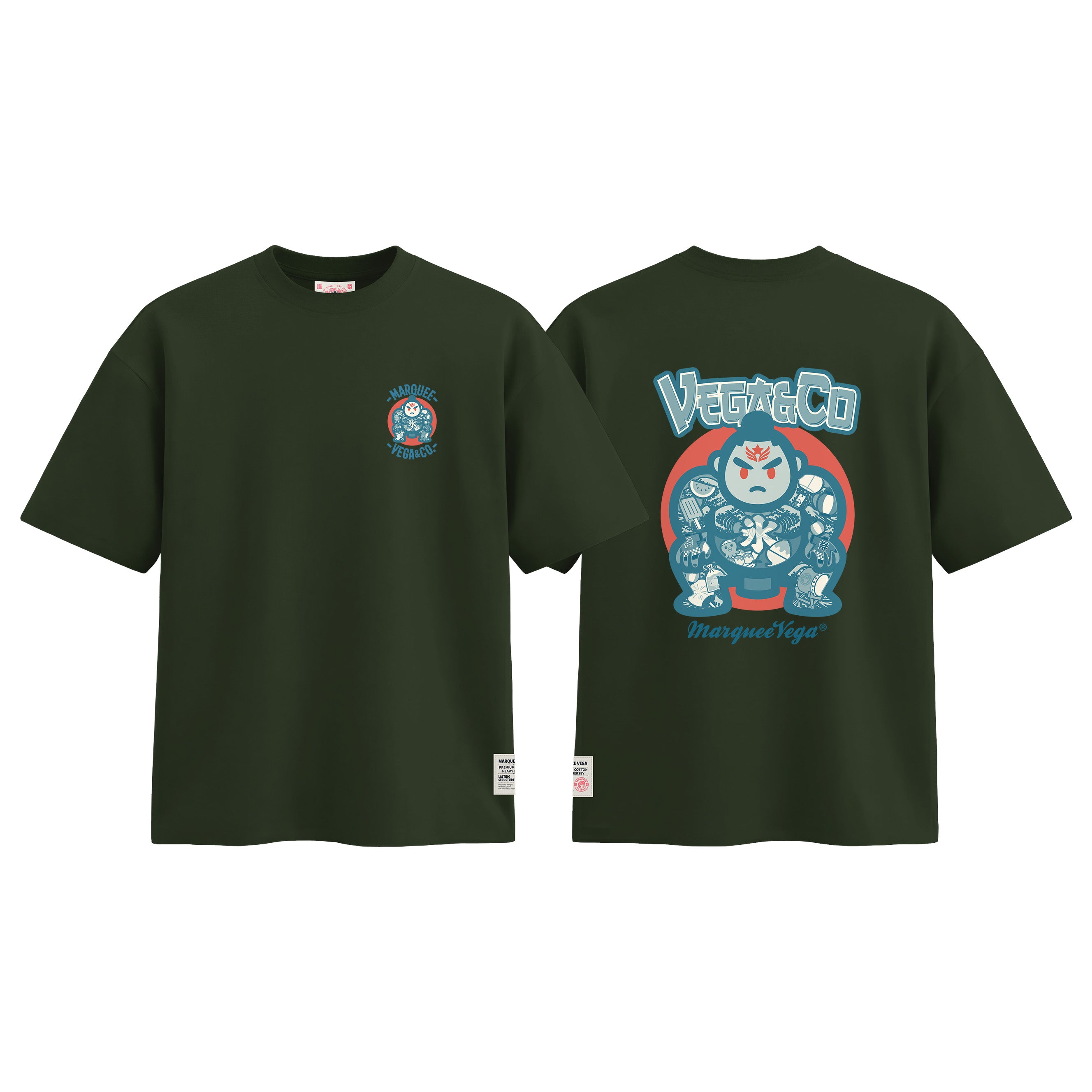 Sumo Culture graphic tee colour preview in Racing Green, shown front and back.
