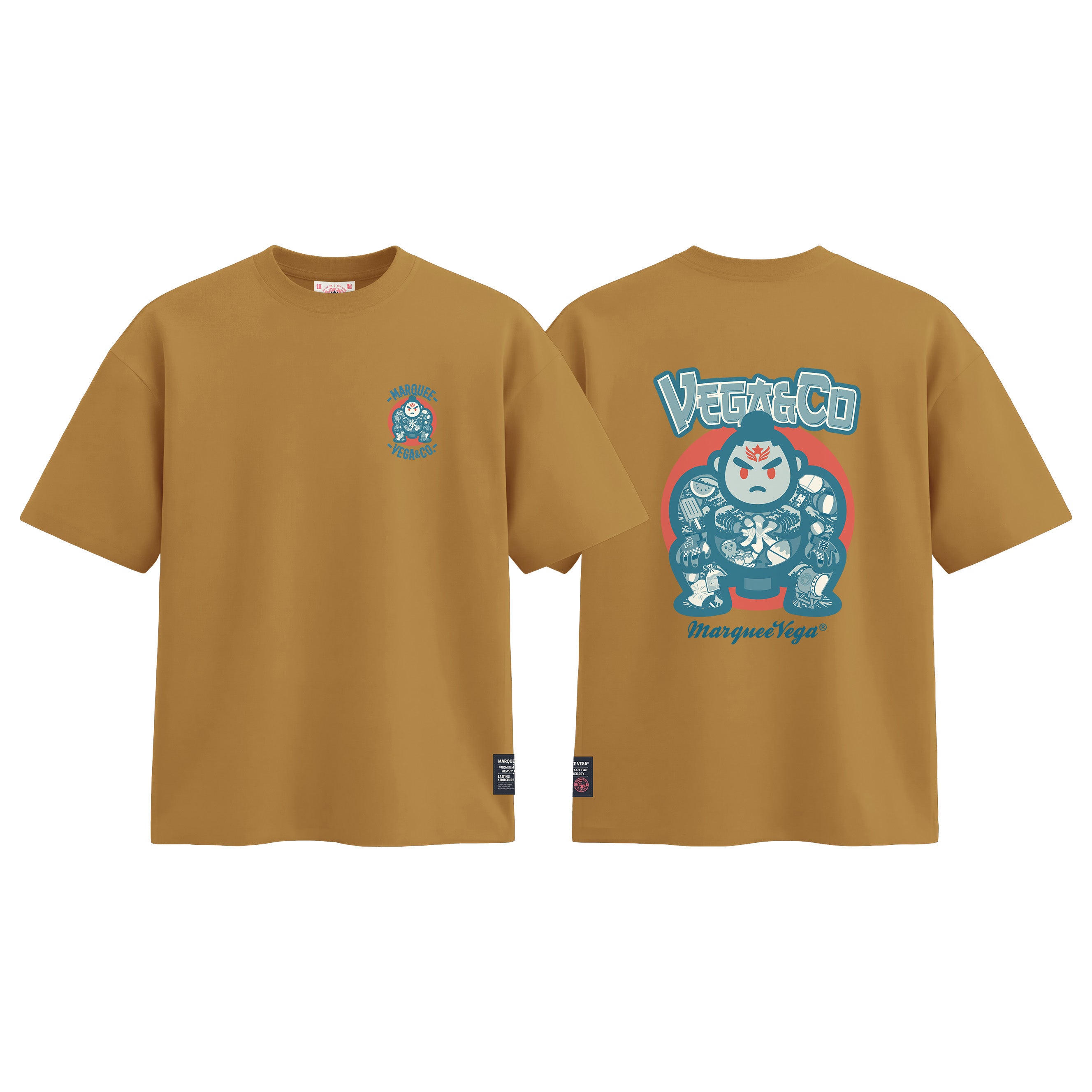 Sumo Summer Culture graphic tee colour preview in Mustard Yellow, shown front and back.
