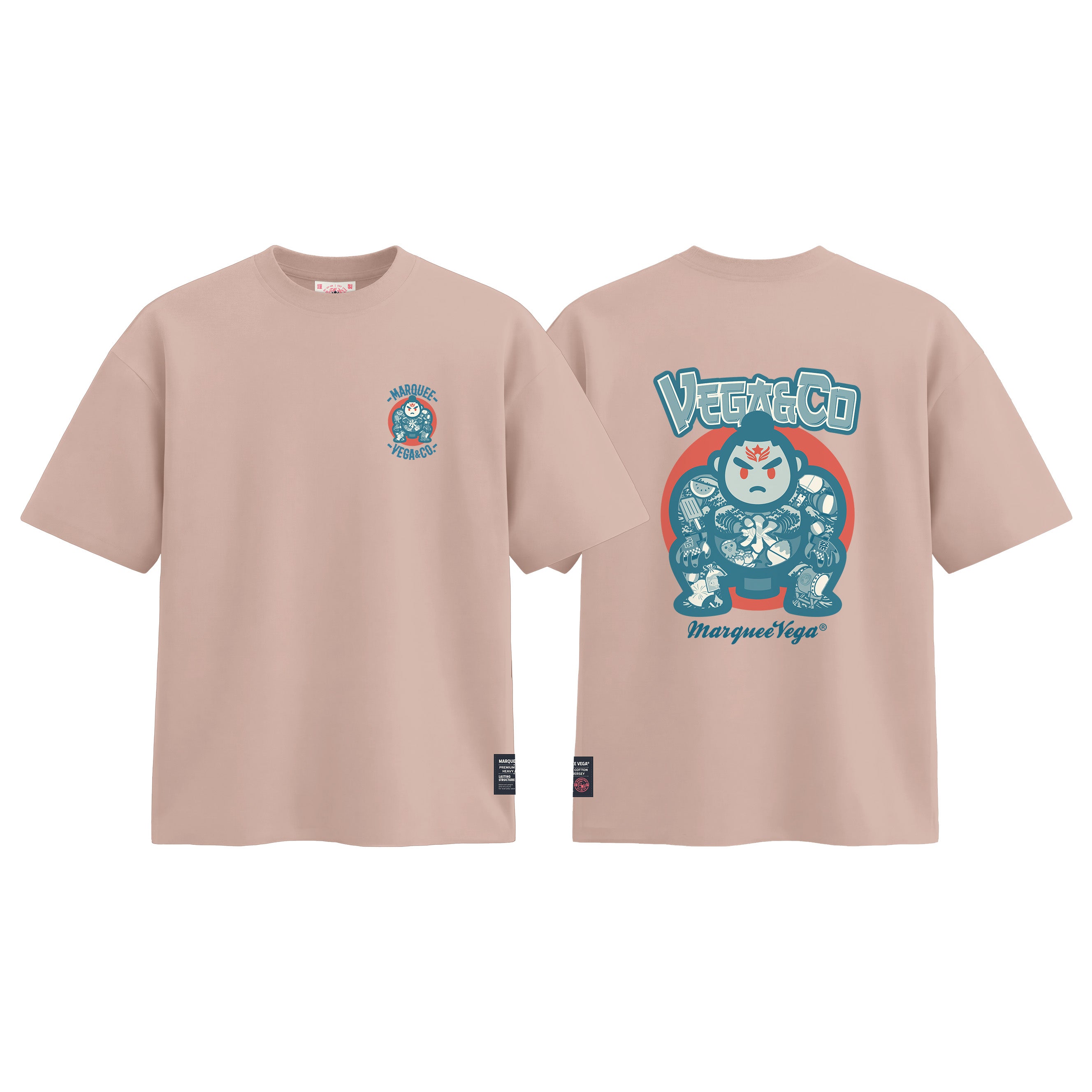 Sumo Culture graphic tee colour preview in Pink, shown front and back.
