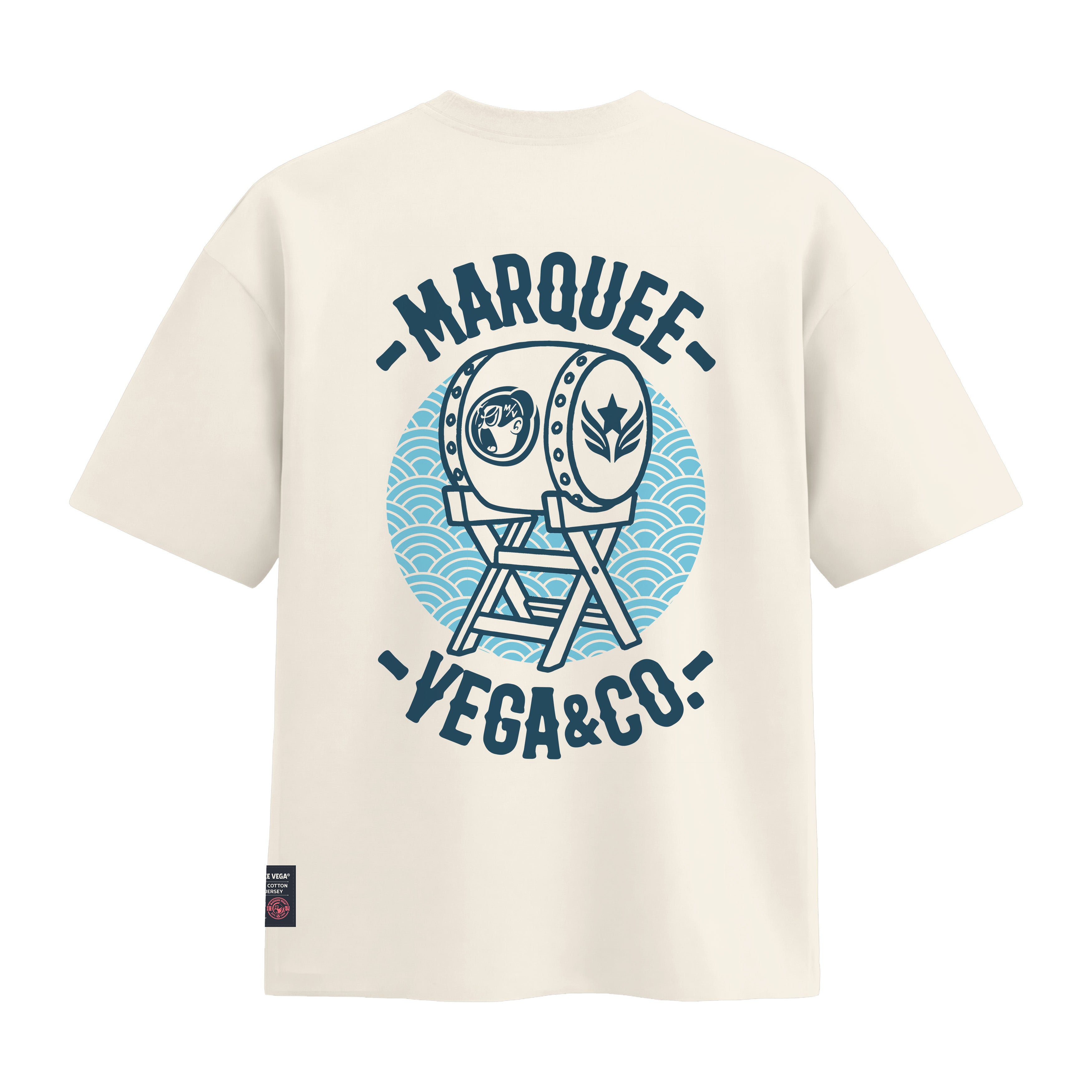 Sumo Taiko Festival heavyweight loose fit graphic tee back artwork on Off White by Marquee Vega.