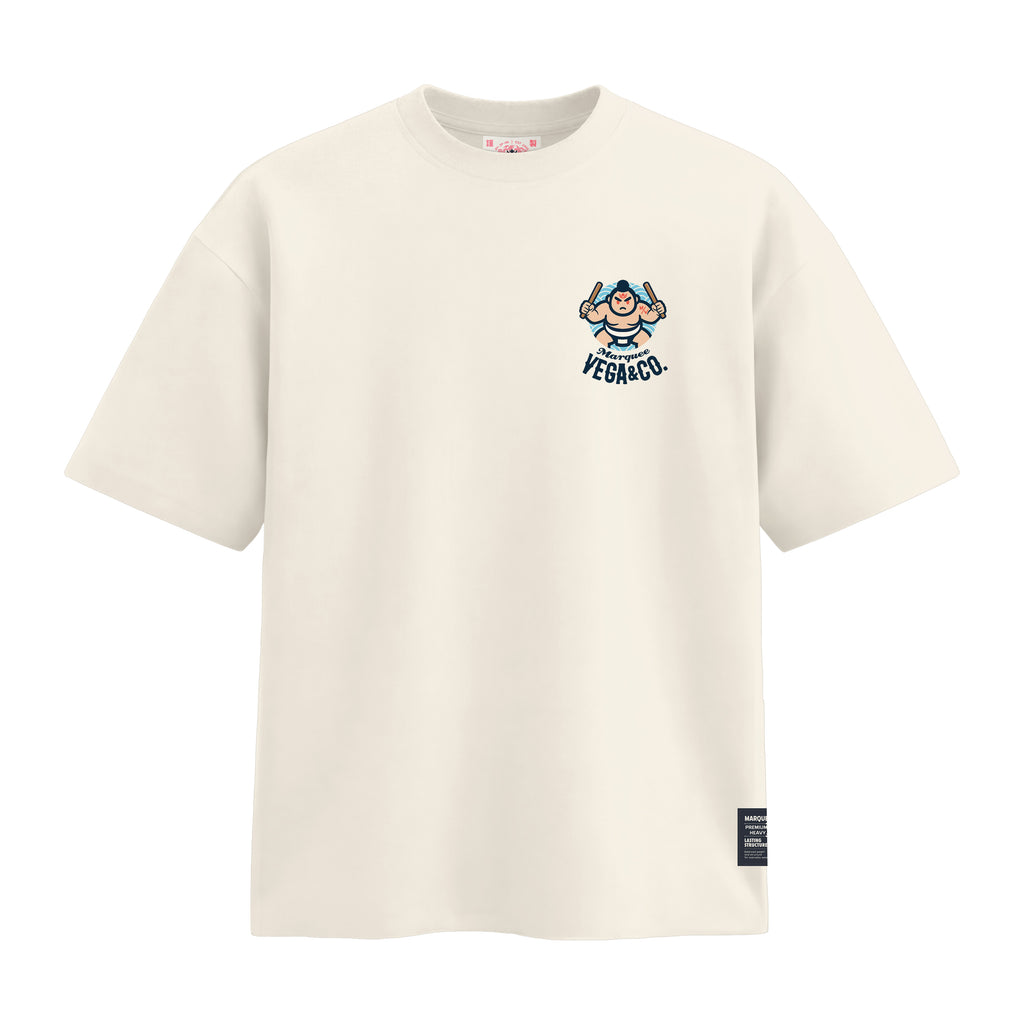 Sumo Taiko Festival heavyweight loose fit graphic tee chest artwork on Off White by Marquee Vega.