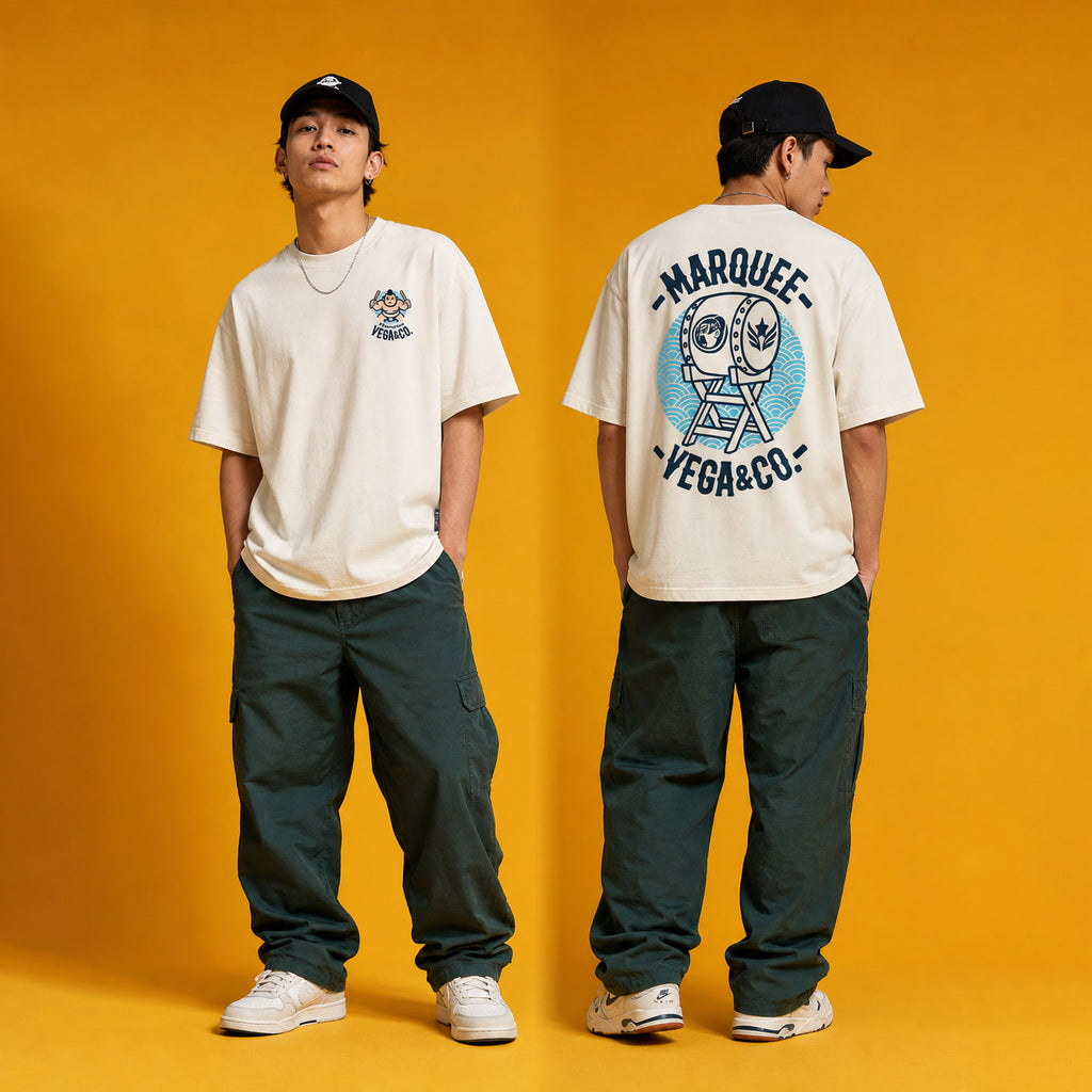 Male model wearing the Sumo Taiko Festival heavyweight loose fit graphic tee in Off White, shown front and back.