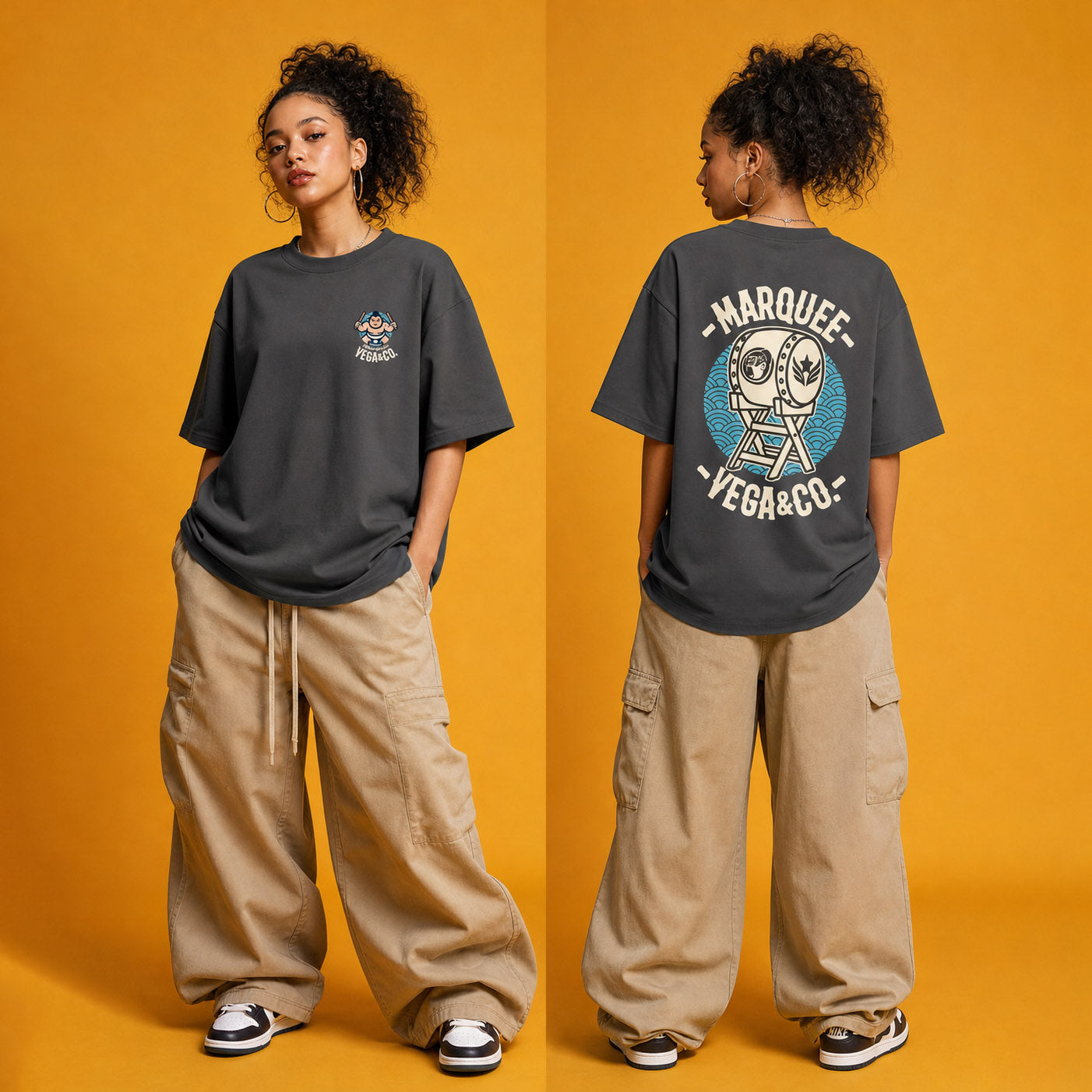Female model wearing the Sumo Taiko Festival heavyweight loose fit graphic tee in Charcoal Grey, shown front and back.