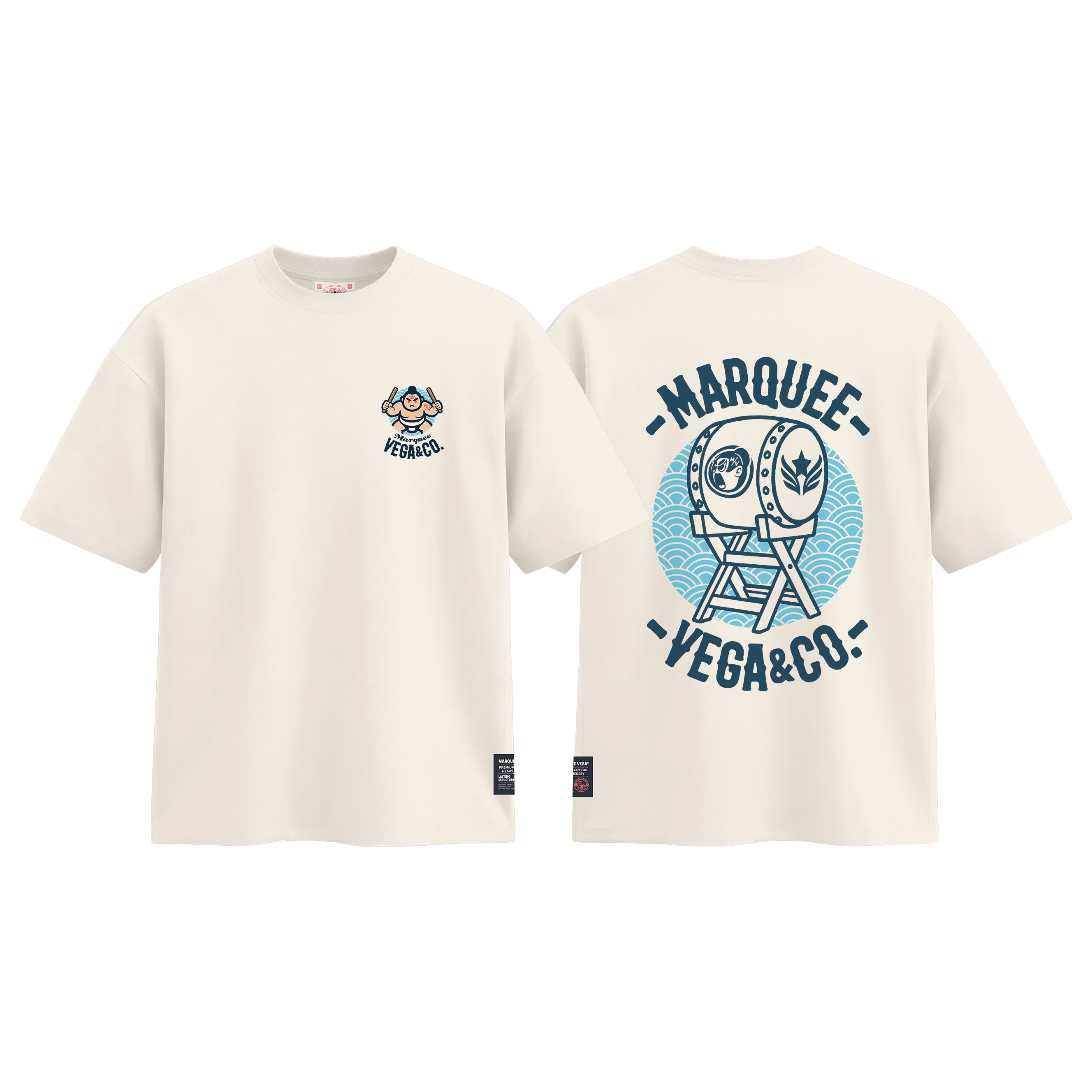 Sumo Taiko Festival graphic tee colour preview in Off White, shown front and back.