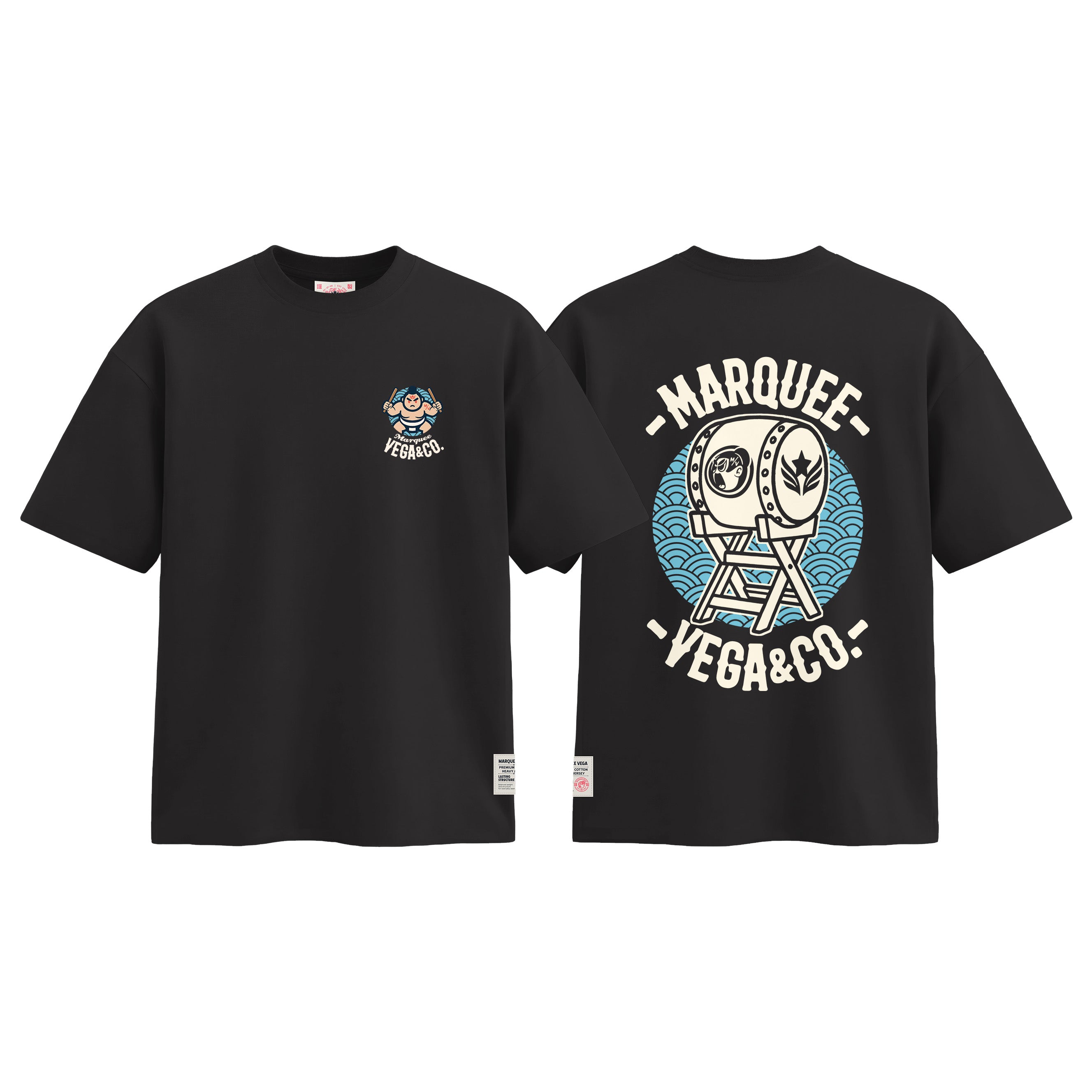 Sumo Taiko Festival graphic tee colour preview in Vintage Black, shown front and back.