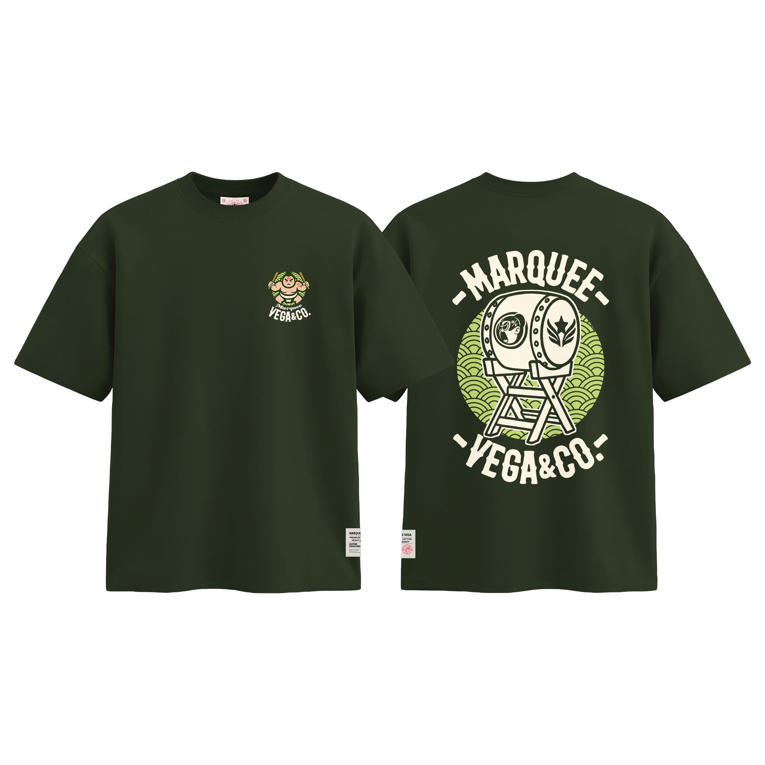 Sumo Taiko Festival graphic tee colour preview in Racing Green, shown front and back.
