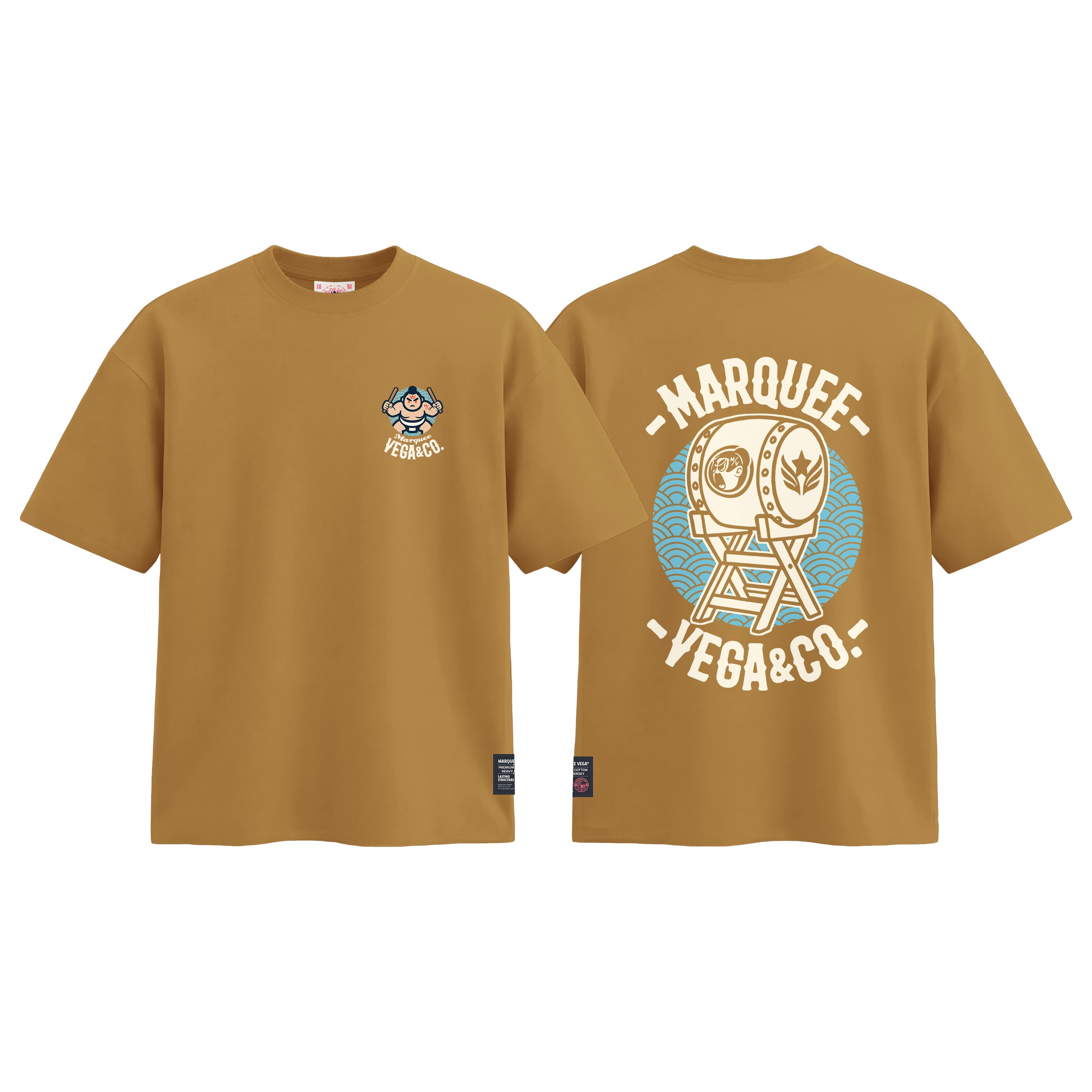Sumo Taiko Festival graphic tee colour preview in Mustard Yellow, shown front and back.