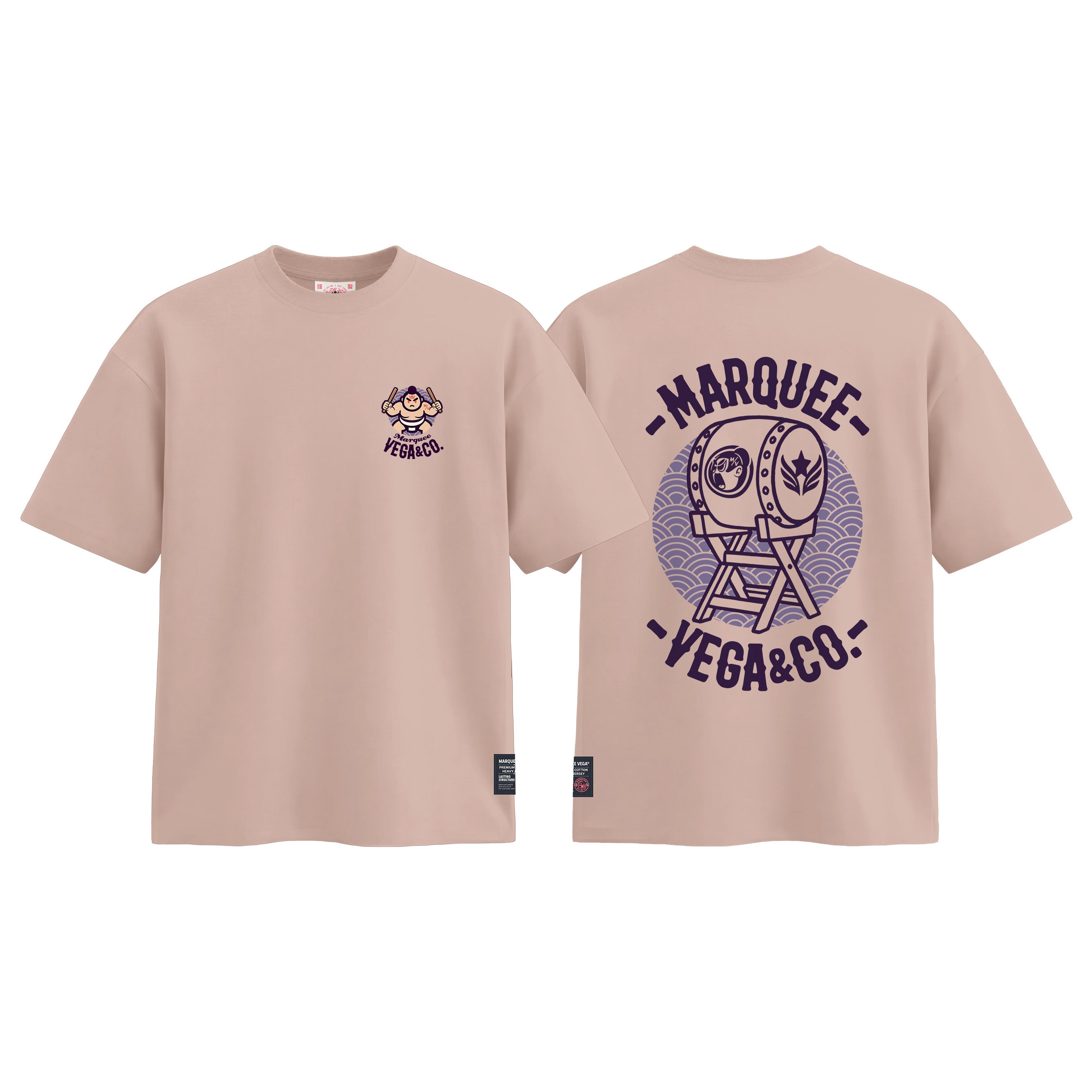 Sumo Taiko Festival graphic tee colour preview in Pink, shown front and back.