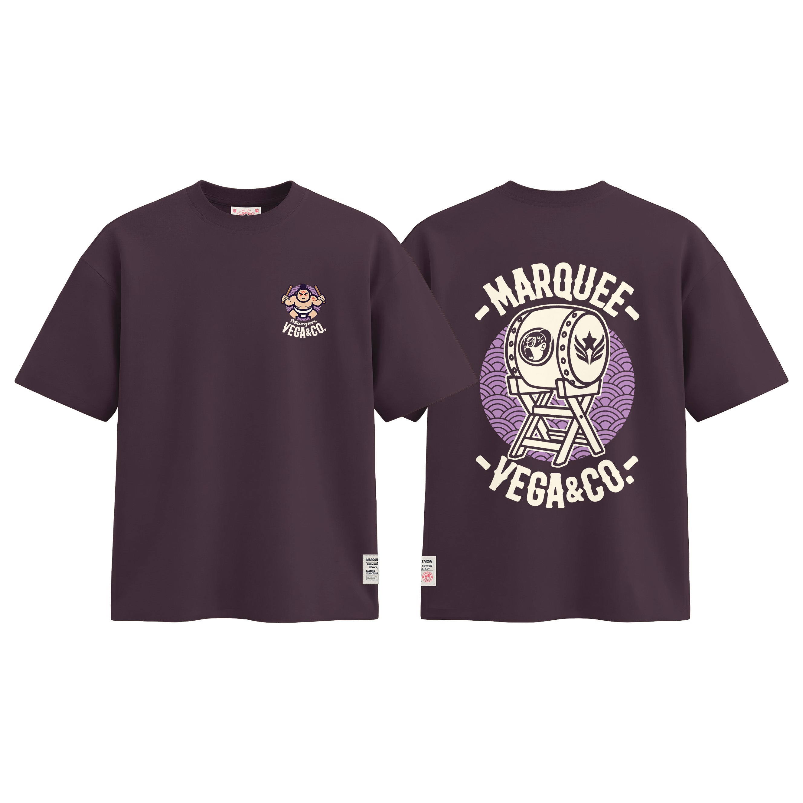 Sumo Taiko Festival graphic tee colour preview in Dark Plum, shown front and back.