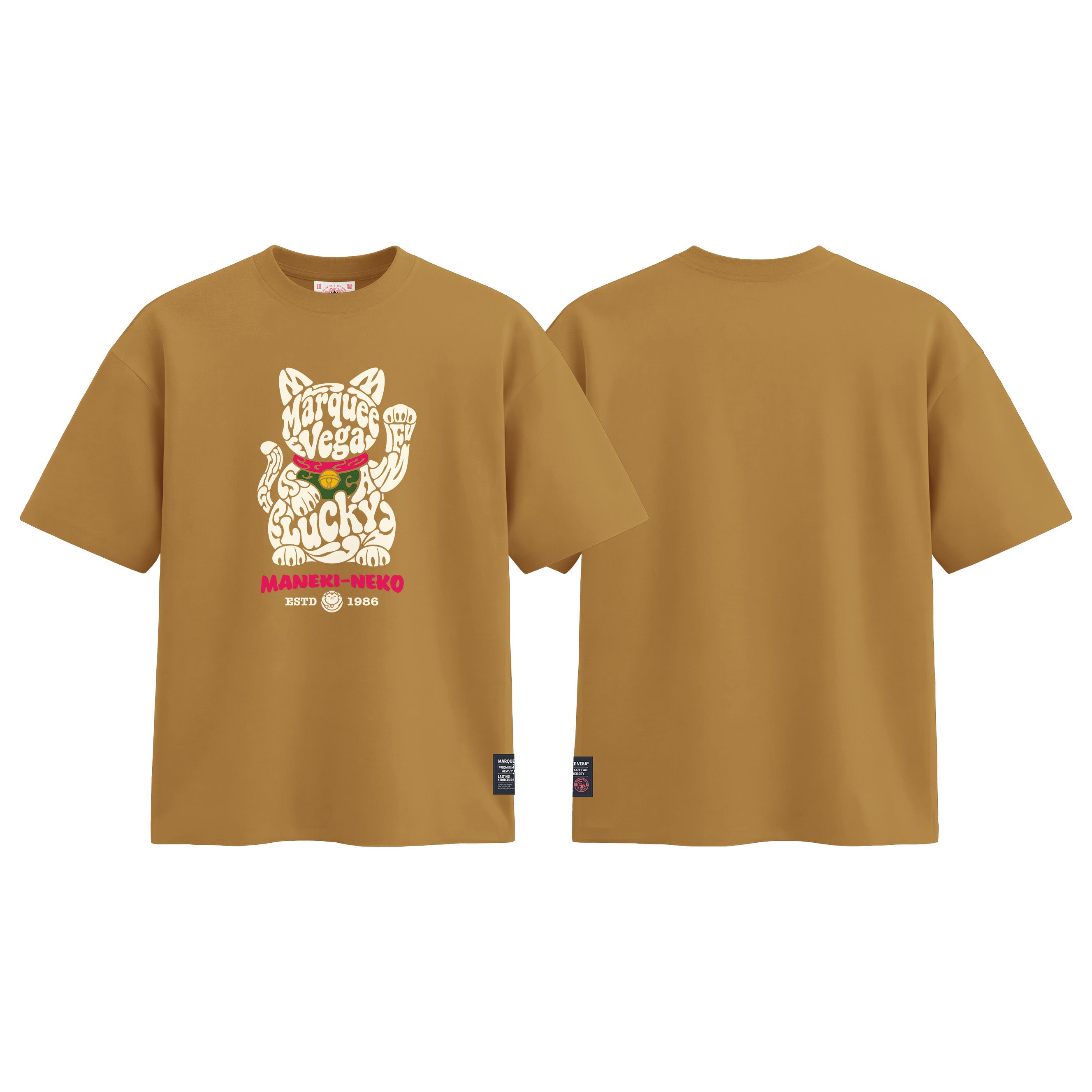Maneki-Neko Lucky Cat graphic tee colour preview in Mustard Yellow, shown front and back.