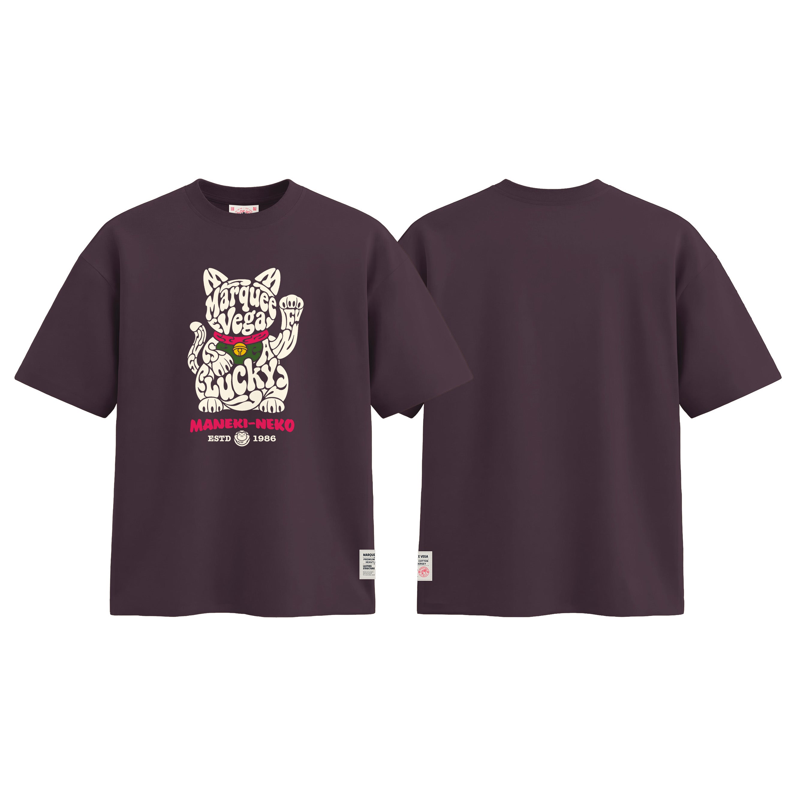 Maneki-Neko Lucky Cat graphic tee colour preview in Dark Plum, shown front and back.