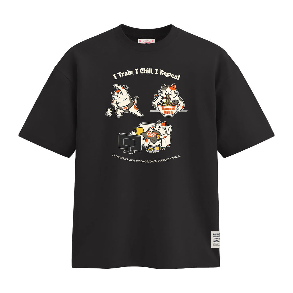 I Train I Chill I Repeat heavyweight loose fit graphic tee artwork on Vintage Black by Marquee Vega.