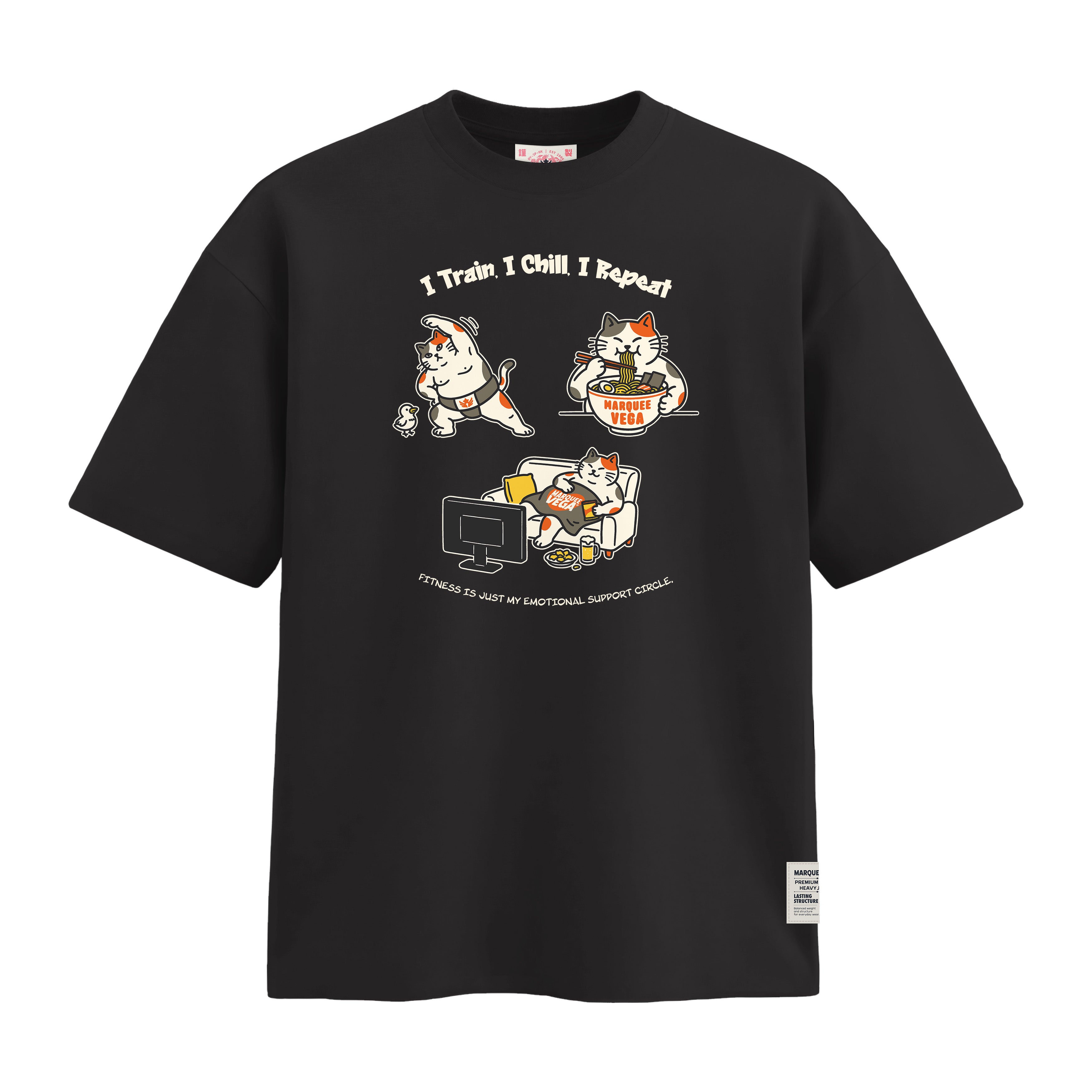 I Train I Chill I Repeat heavyweight loose fit graphic tee artwork on Vintage Black by Marquee Vega.