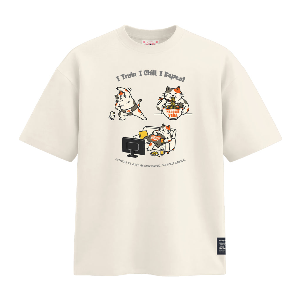 I Train I Chill I Repeat heavyweight loose fit graphic tee artwork on Off White by Marquee Vega.