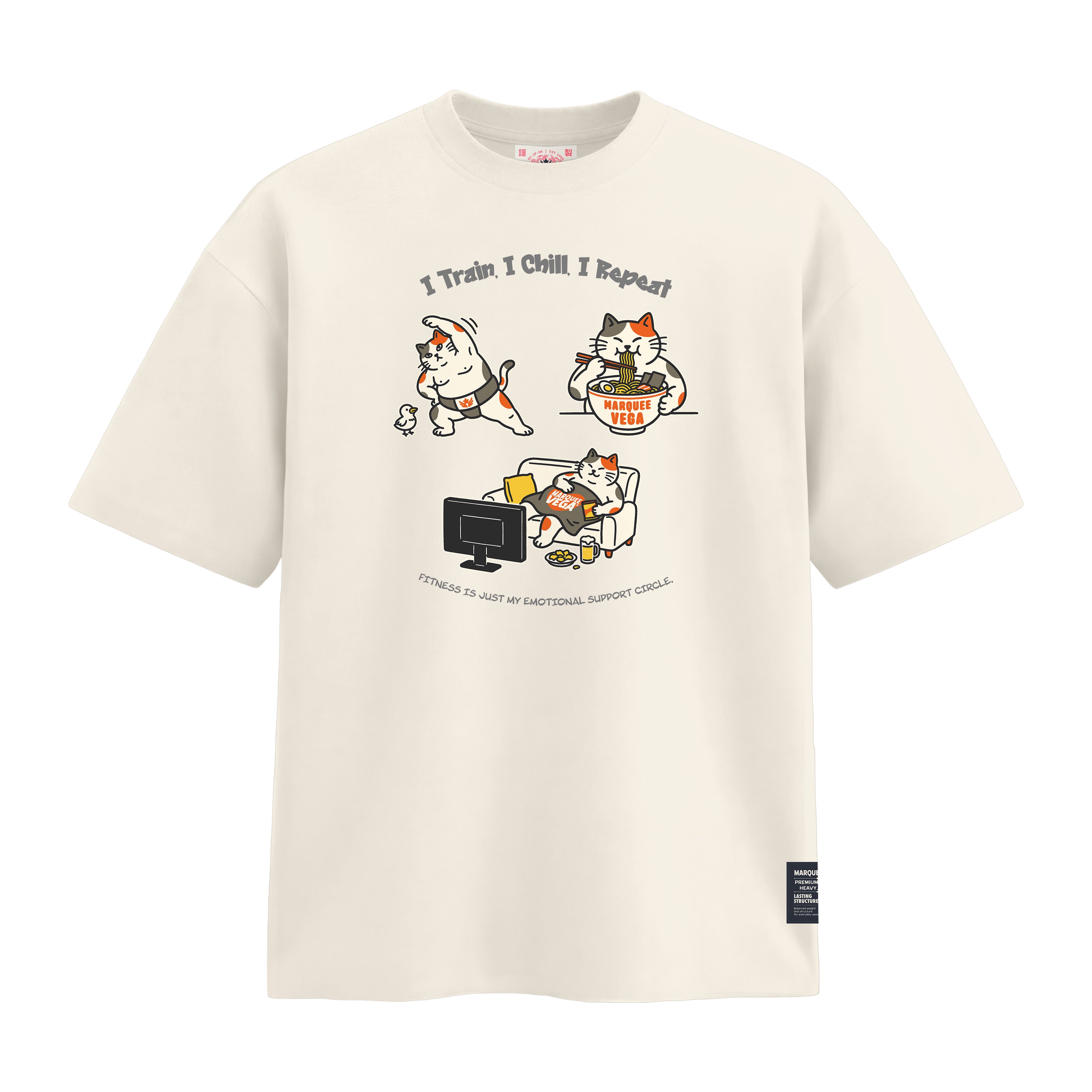 I Train I Chill I Repeat heavyweight loose fit graphic tee artwork on Off White by Marquee Vega.