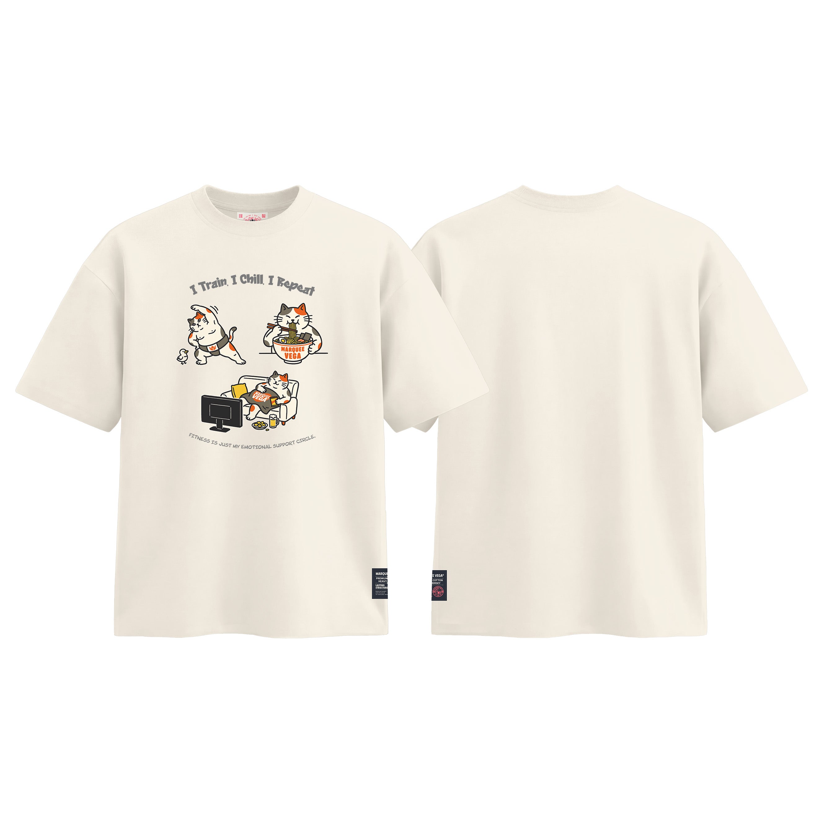 I Train I Chill I Repeat graphic tee colour preview in Off White, shown front and back.